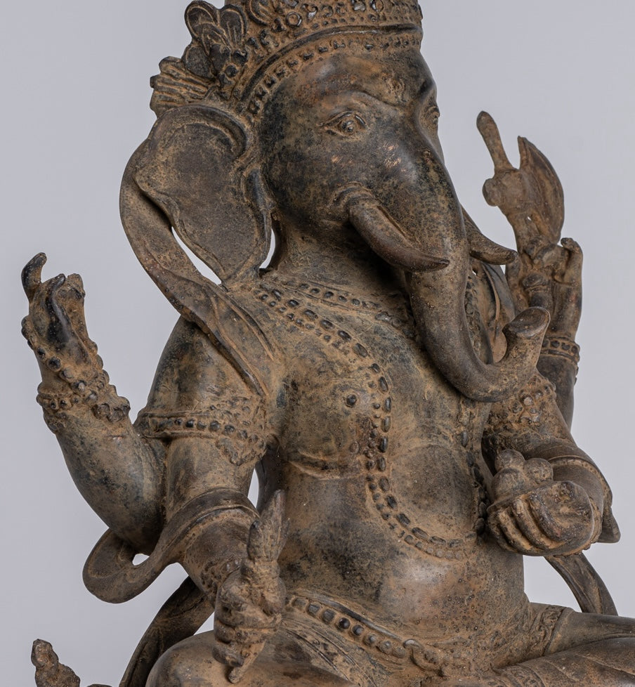 Ganesha Statue - Antique Javanese Style Bronze Seated Majapahit Ganesha Statue - 36cm/14"