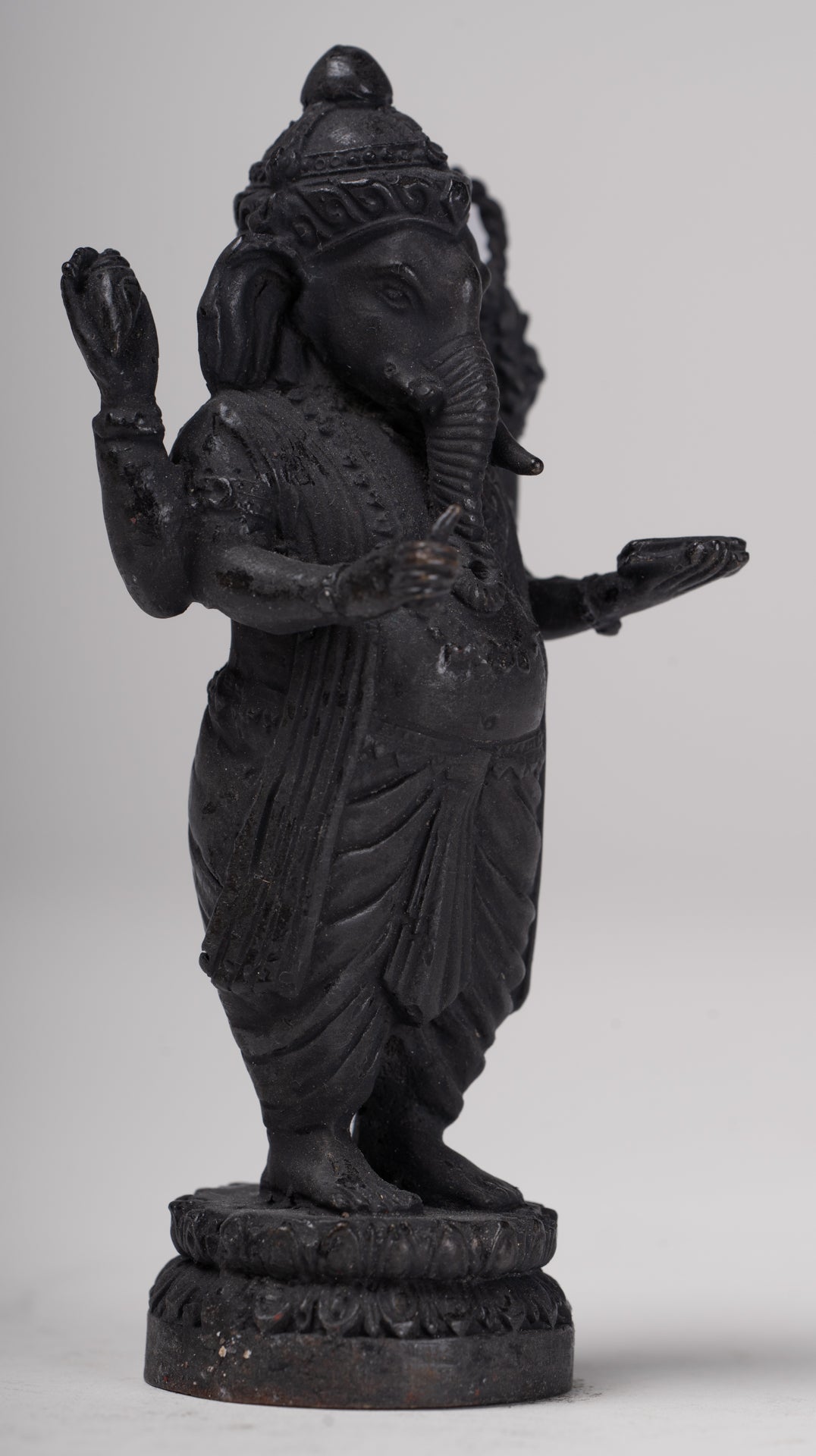 Ganesha Statue - Antique Thai Style Standing Black 4-Arm Ganesha Statue - 11.5cm/5"
