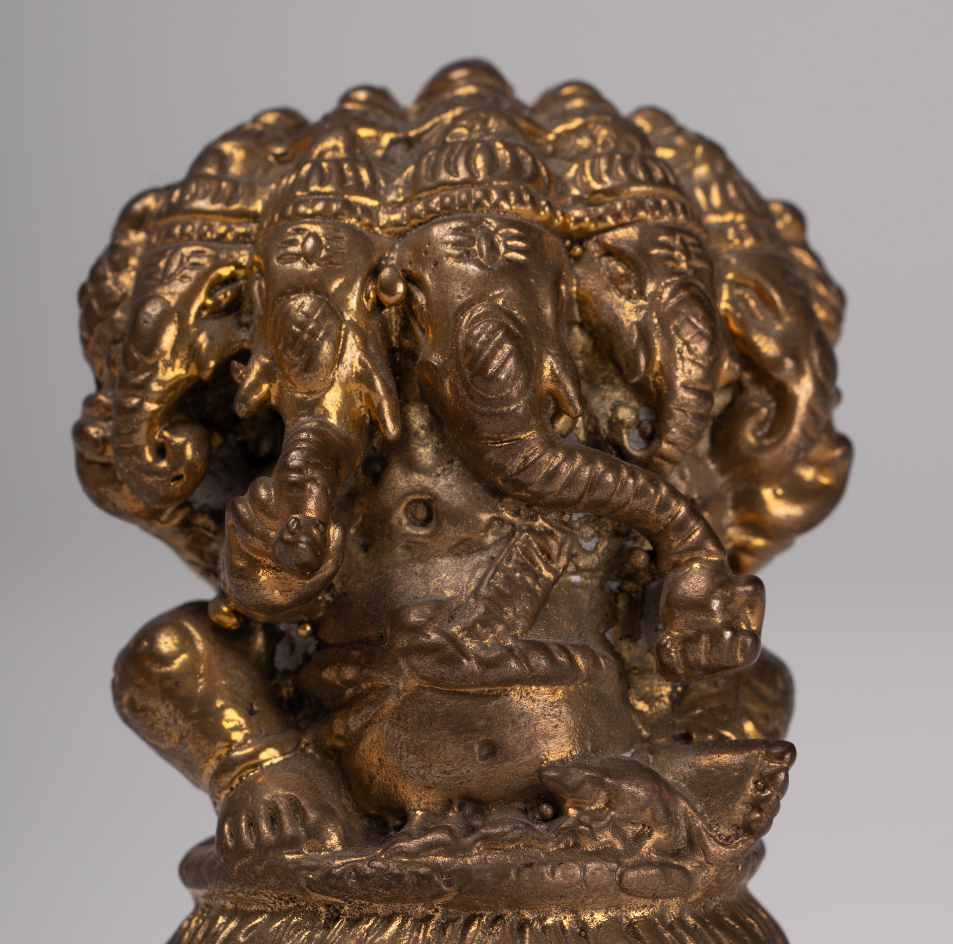 Ganesh - Antique Thai Style Brass Seated Gold Heramba Ganapati Statue - 8cm/3"
