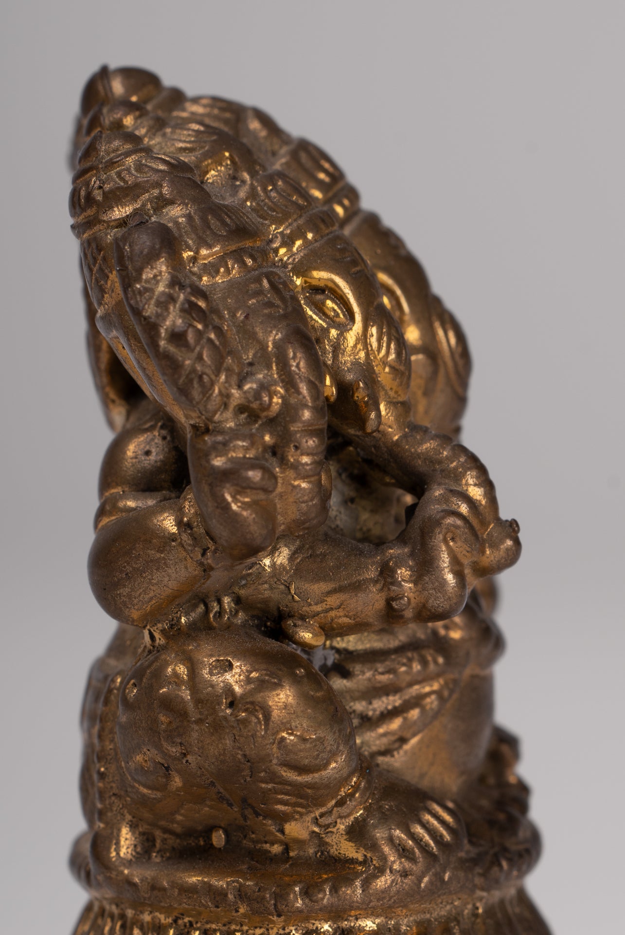 Ganesh - Antique Thai Style Brass Seated Gold Heramba Ganapati Statue - 8cm/3"