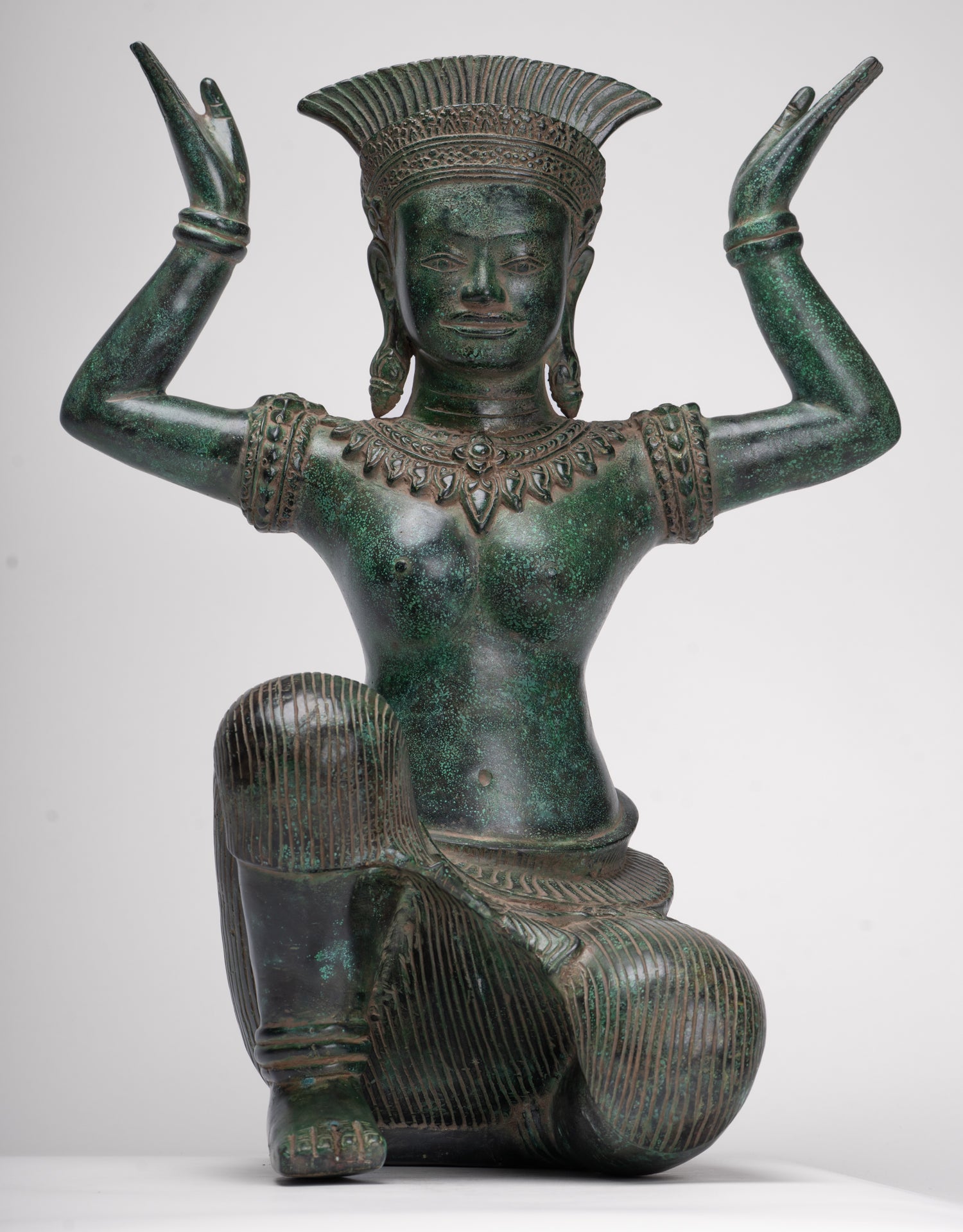 Antique Bayon Style Bronze Kneeling Female Devi Statue - 44cm/18"