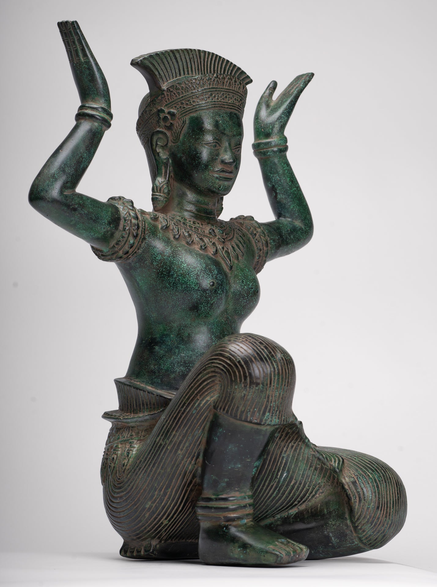 Antique Bayon Style Bronze Kneeling Female Devi Statue - 44cm/18"