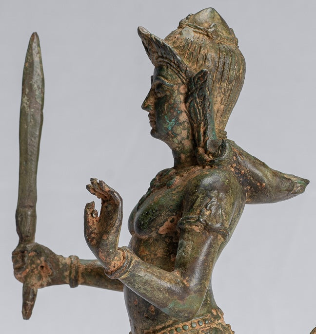 Antique Thai Style Bronze Female Deity with Naga Tail Statue - 22cm/9"