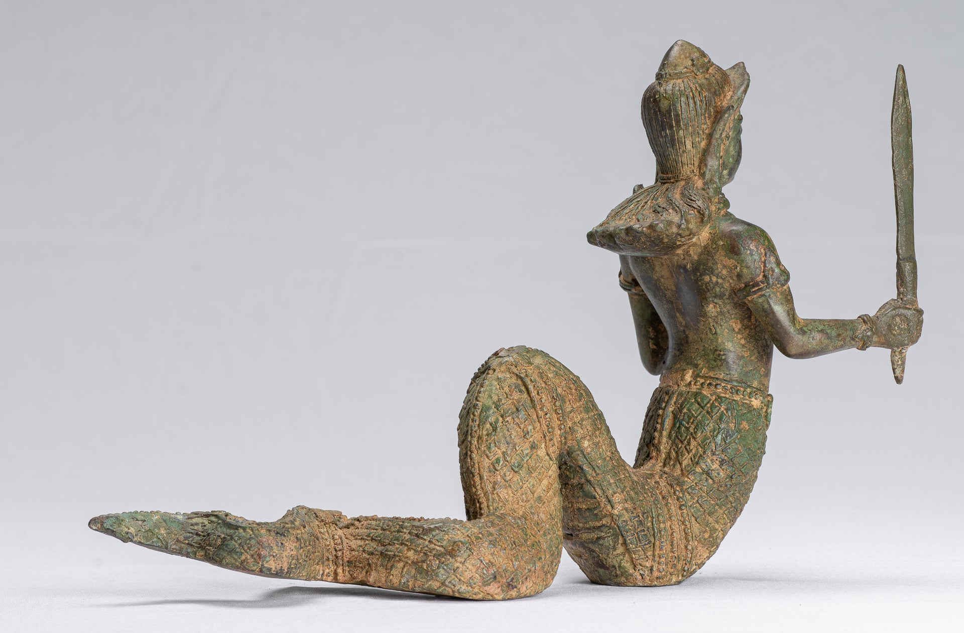 Antique Thai Style Bronze Female Deity with Naga Tail Statue - 22cm/9"