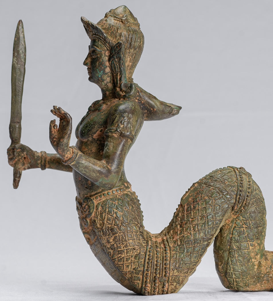 Antique Thai Style Bronze Female Deity with Naga Tail Statue - 22cm/9"