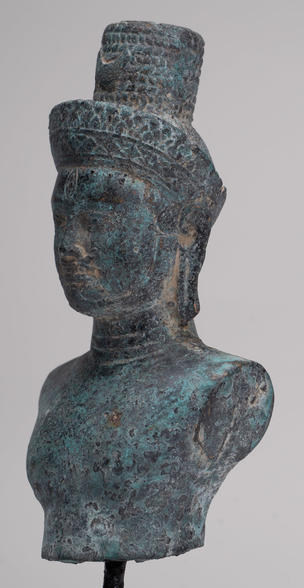 Antique Khmer Style Bronze Mounted Bakheng Shiva Head Statue - 24cm/10"