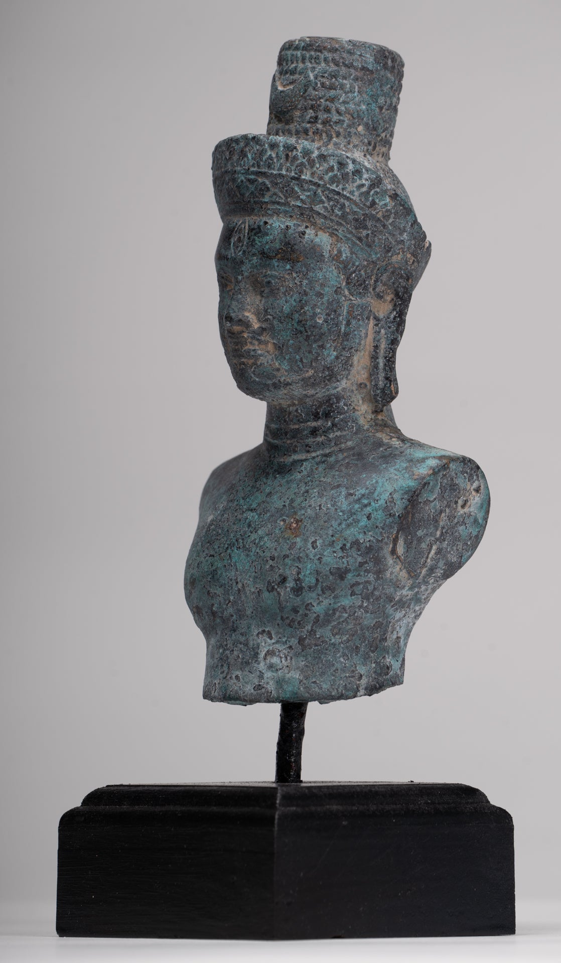 Antique Khmer Style Bronze Mounted Bakheng Shiva Head Statue - 24cm/10"