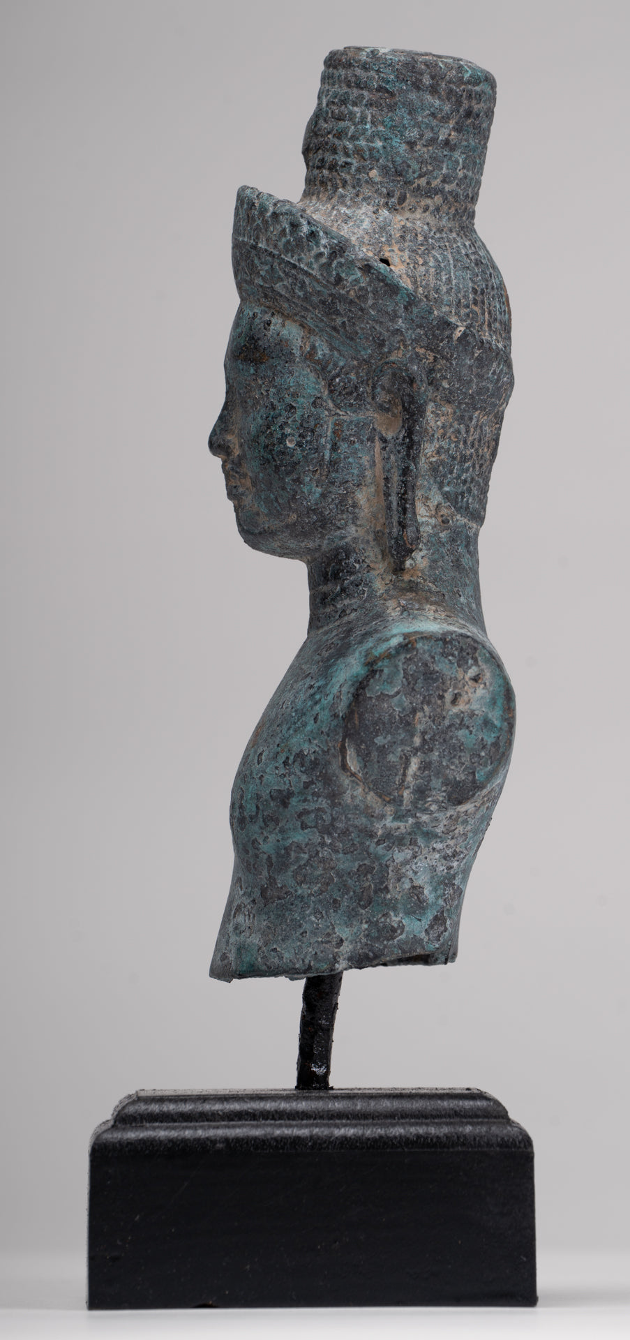 Antique Khmer Style Bronze Mounted Bakheng Shiva Head Statue - 24cm/10"