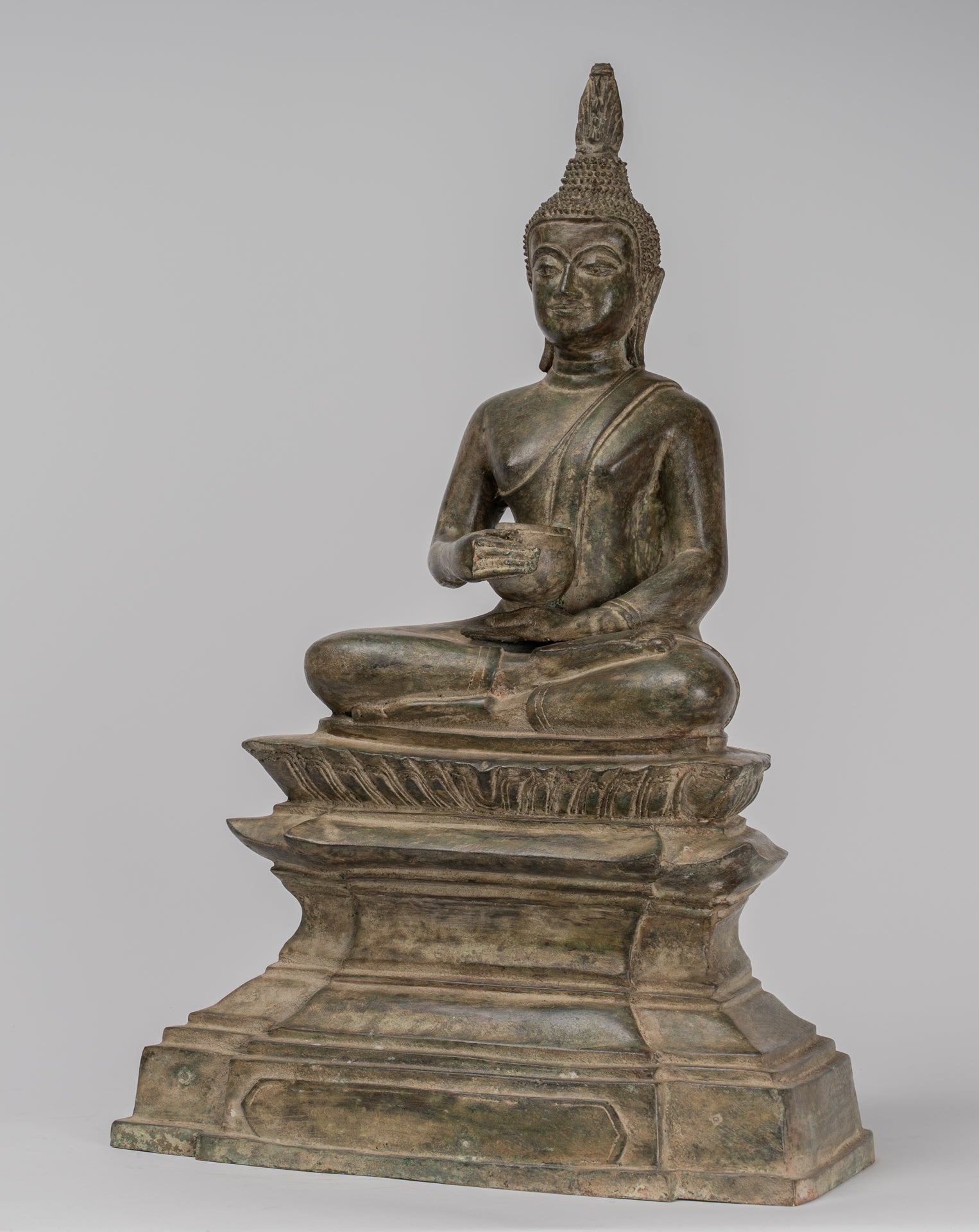 Buddha Statue - Seated Antique Laos Style Bronze Charity Gautama Buddha Statue - 54cm/22"