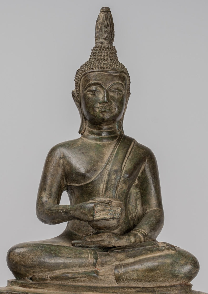 Buddha Statue - Seated Antique Laos Style Bronze Charity Gautama Buddha Statue - 54cm/22"