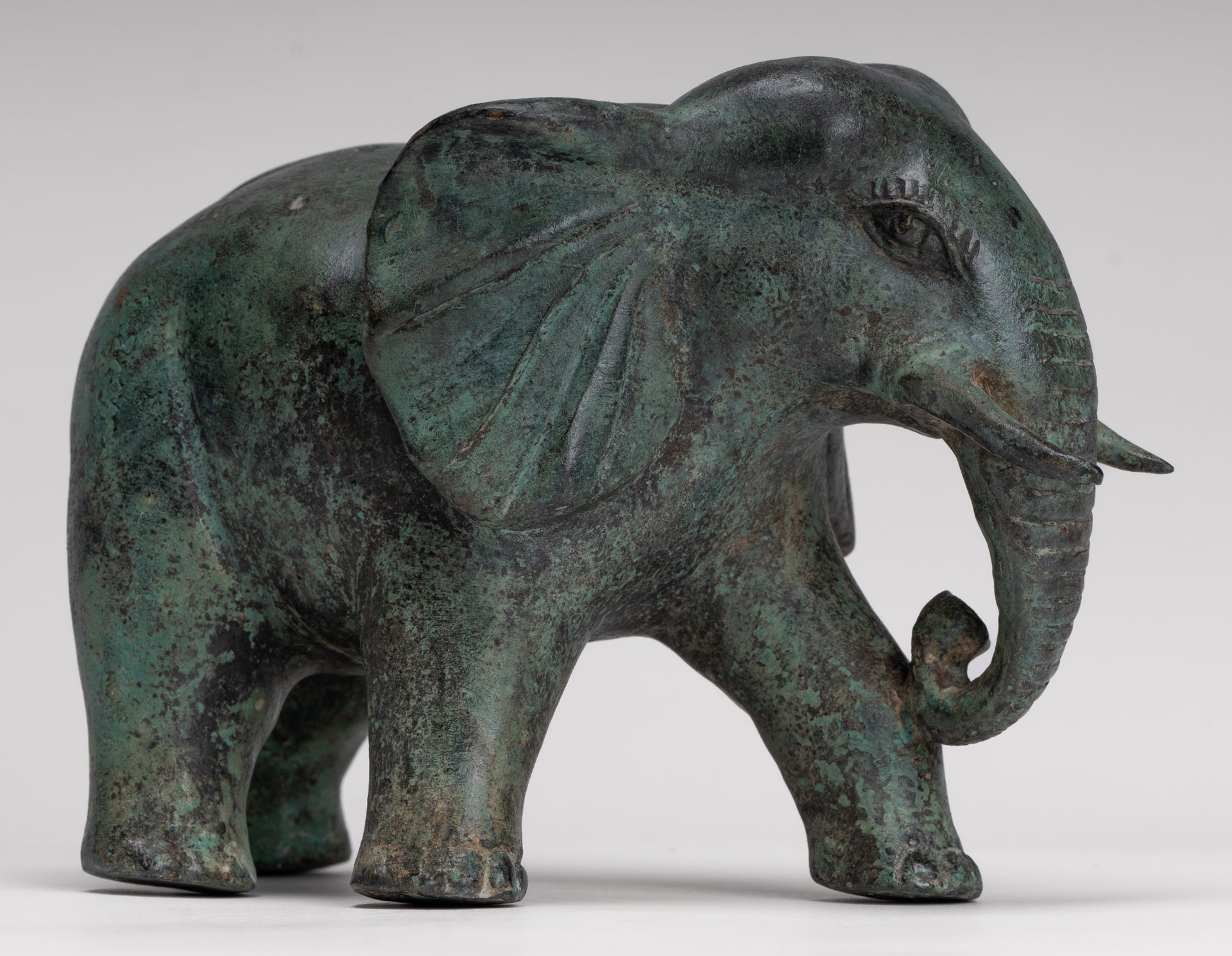 Antique Khmer Style Standing Bronze Elephant Statue - 14cm/6" Tall