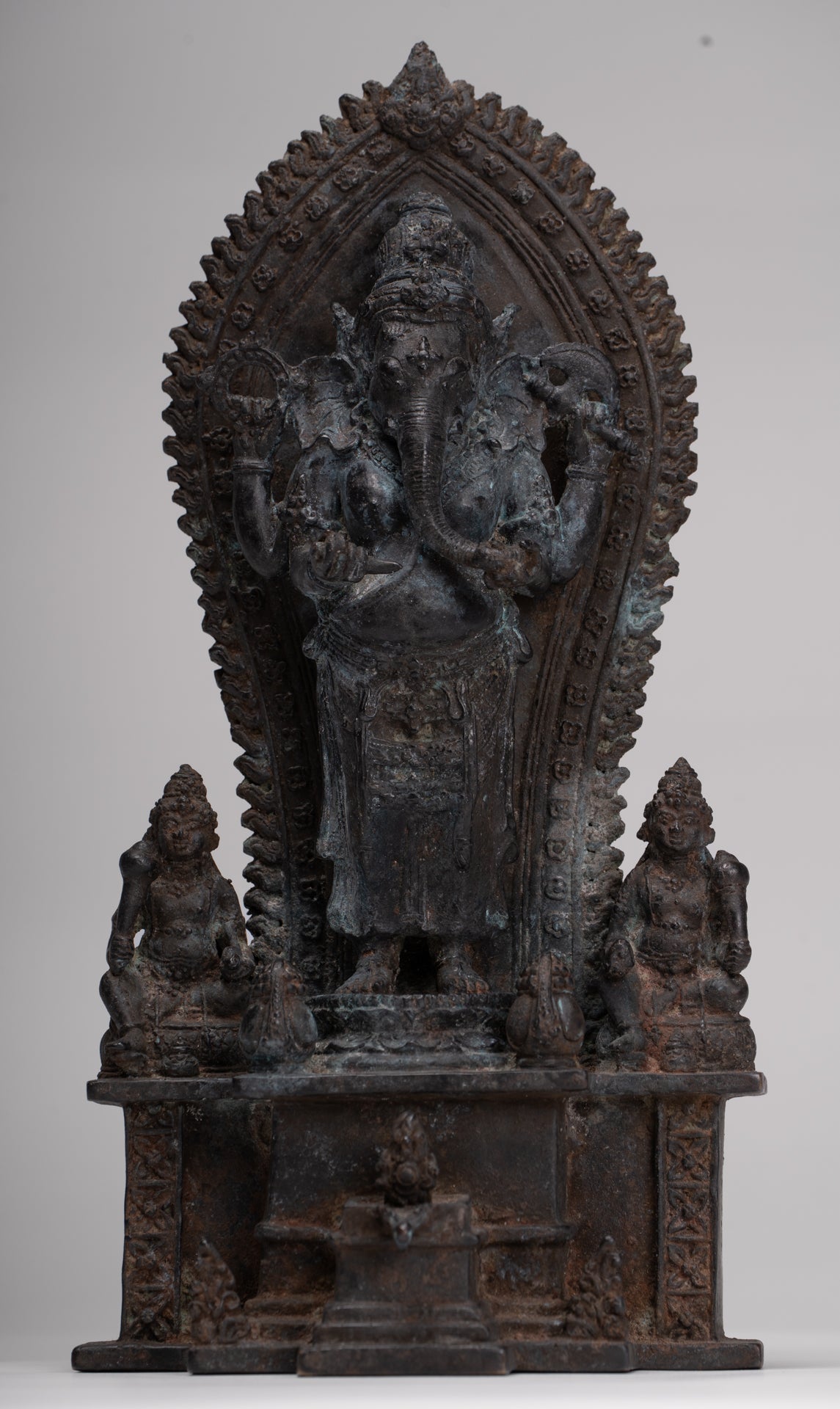 Ganesha Statue - Antique Javanese Style Bronze Standing Four Arm Ganesha Statue - 31cm/12"