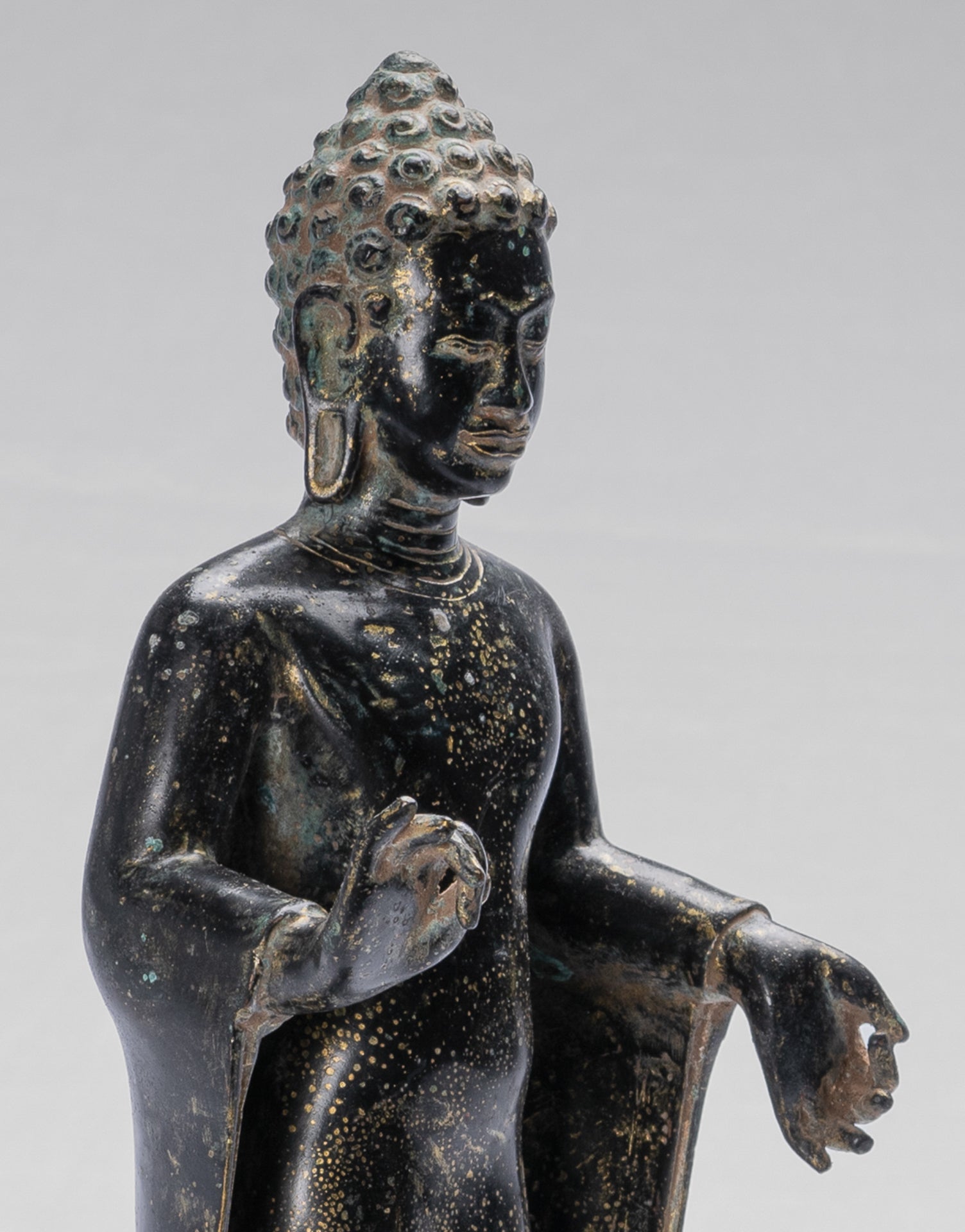 Buddha Statue - Antique Thai Style Dvaravati Bronze Standing Preaching Buddha Statue - 33cm/13"