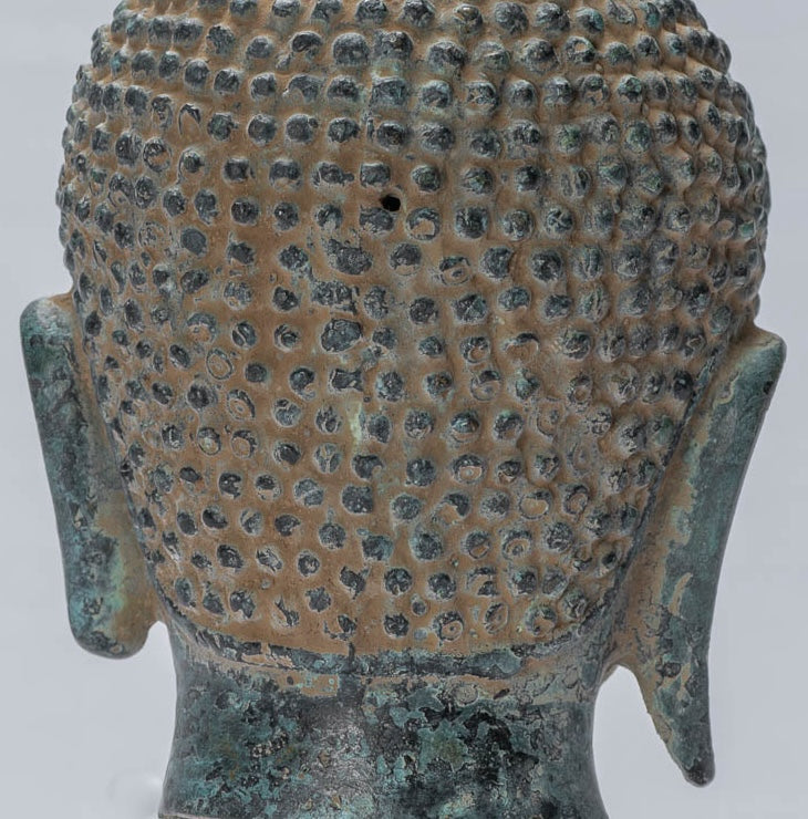 Buddha Statue - Antique Khmer Style Mounted Bronze Baphuon Buddha Head Statue - 25.5cm/10"