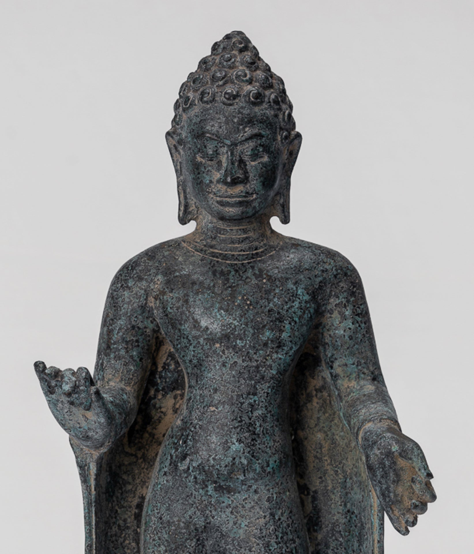 Buddha Statue - Antique Thai Style Dvaravati Bronze Standing Preaching Buddha Statue - 33cm/13"
