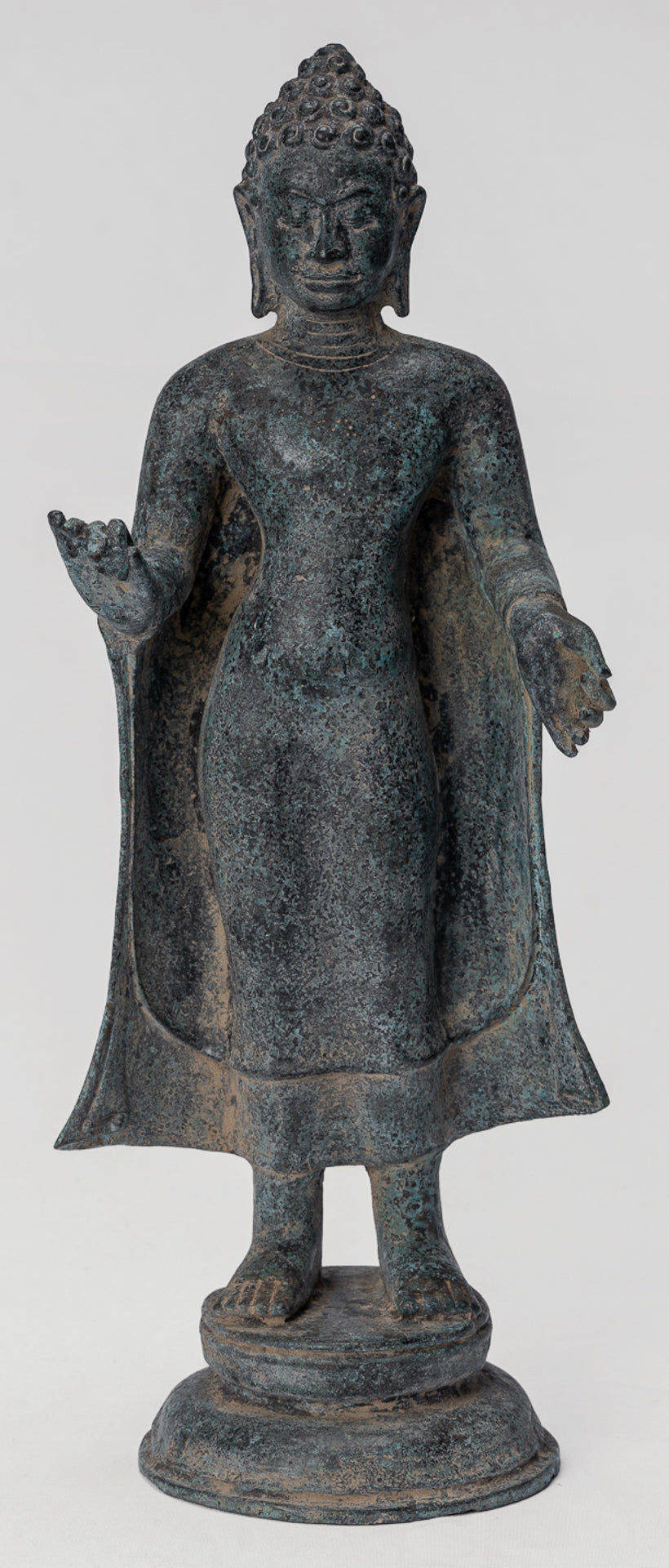 Buddha Statue - Antique Thai Style Dvaravati Bronze Standing Preaching Buddha Statue - 33cm/13"