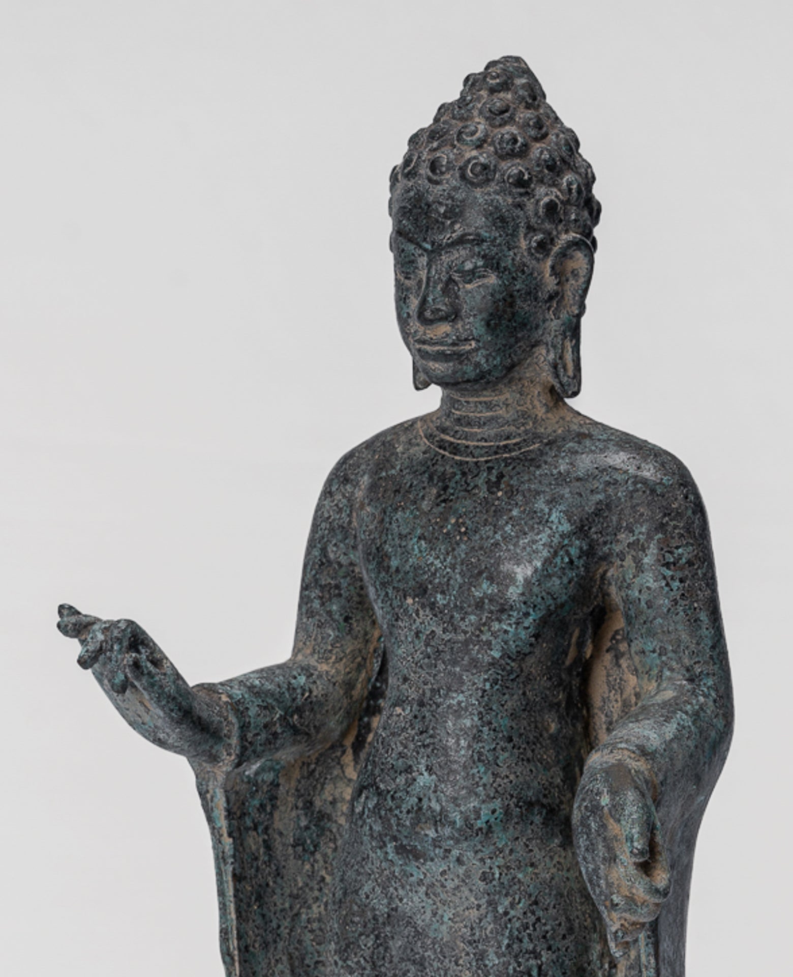 Buddha Statue - Antique Thai Style Dvaravati Bronze Standing Preaching Buddha Statue - 33cm/13"