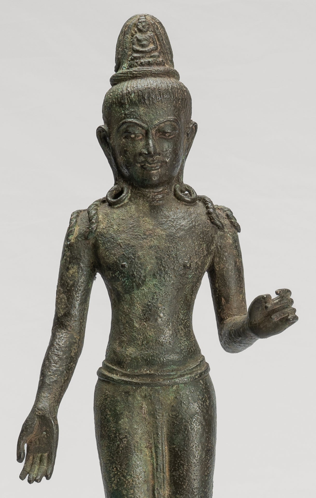 Antique Indonesian Style Javanese Majapahit Standing Bronze Lokeshvara Statue - Protector & Preserver - 44cm/18"