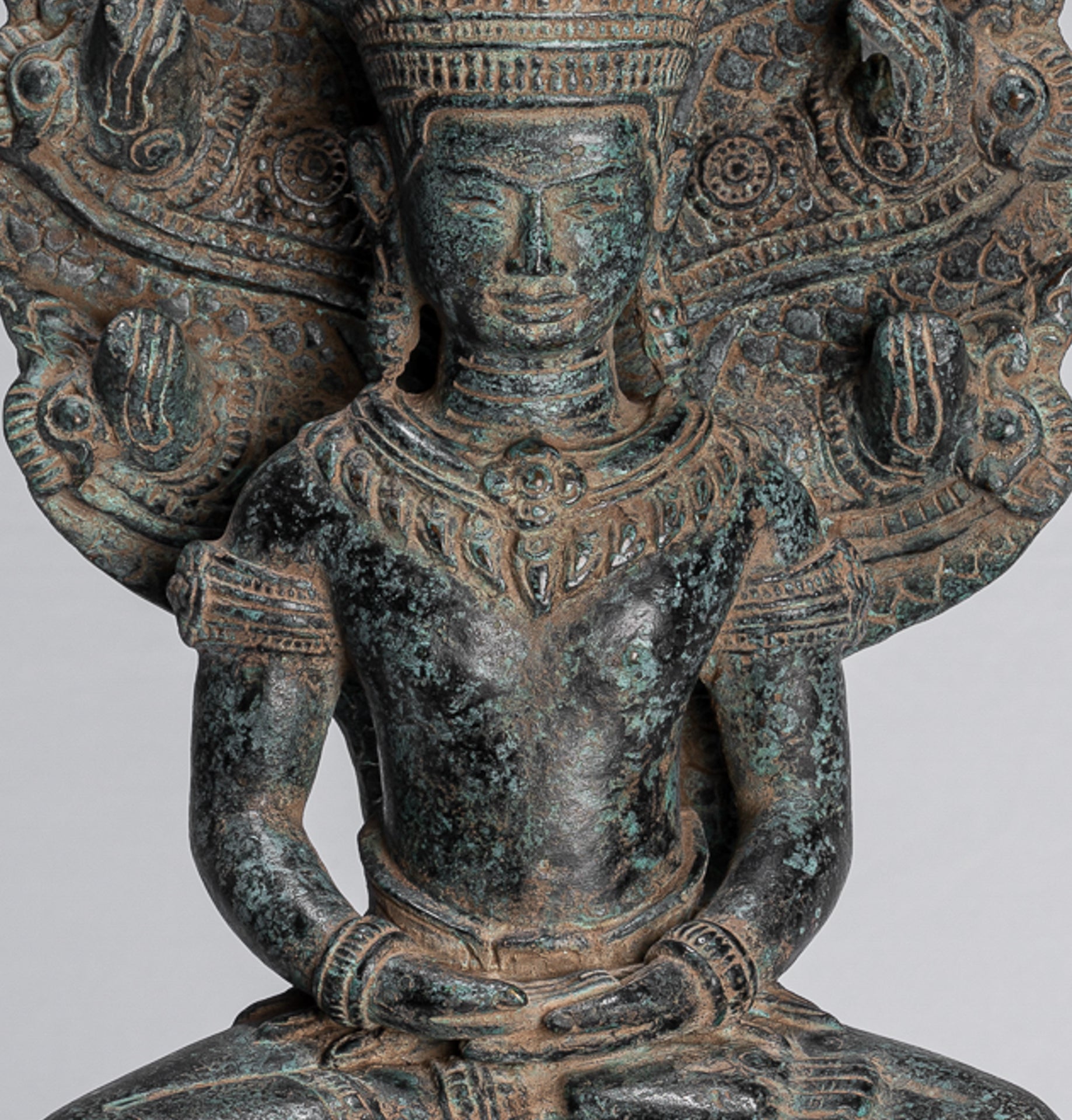 Buddha Statue - Antique Khmer Style Bronze Seated Meditation Naga Buddha Statue - 46cm/18"