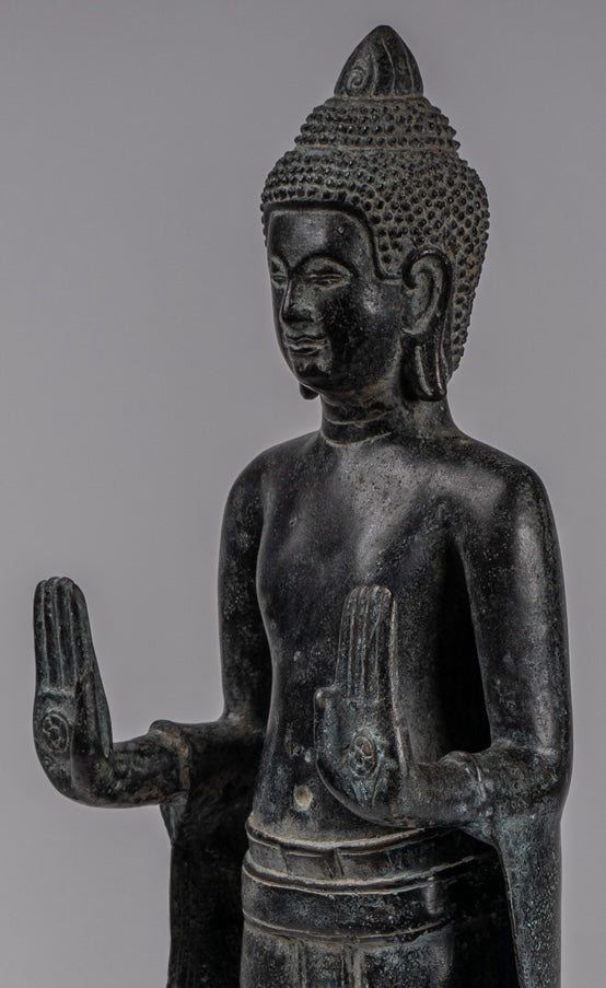 Buddha Statue - Antique Khmer Style Bronze Standing Abhaya Protection Buddha Statue - 49cm/20"