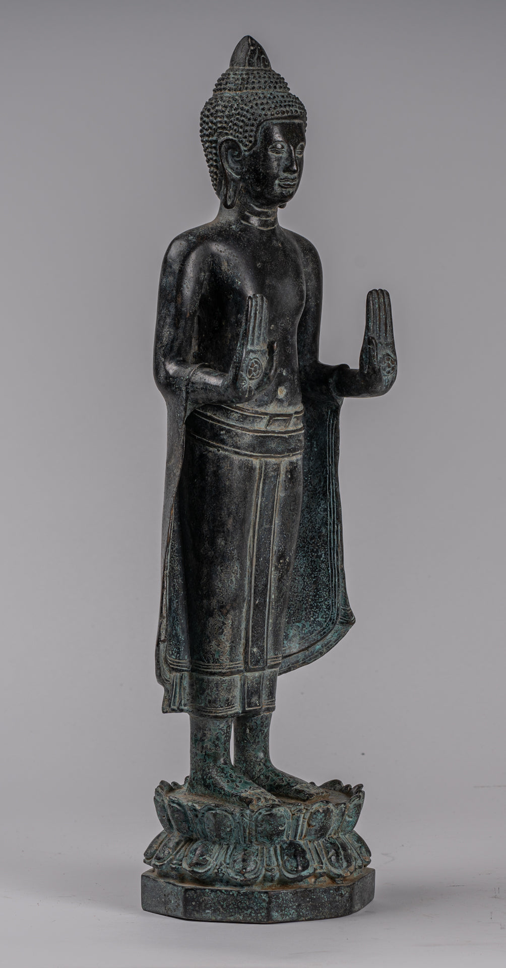 Buddha Statue - Antique Khmer Style Bronze Standing Abhaya Protection Buddha Statue - 49cm/20"