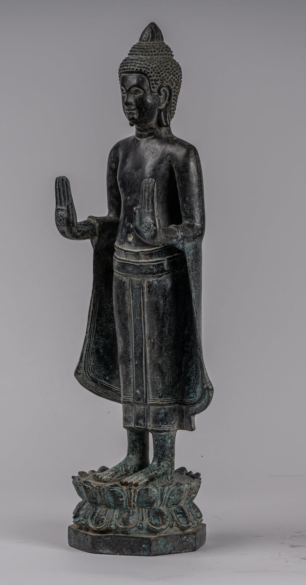 Buddha Statue - Antique Khmer Style Bronze Standing Abhaya Protection Buddha Statue - 49cm/20"