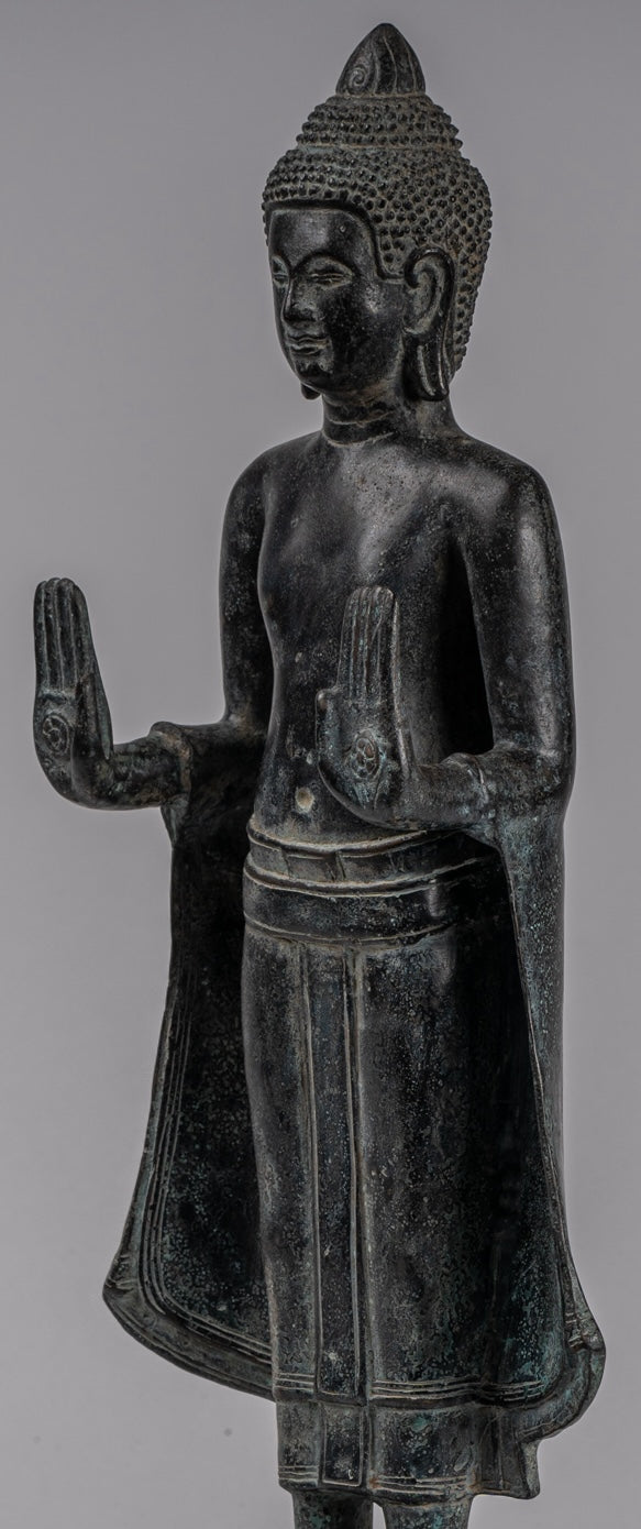 Buddha Statue - Antique Khmer Style Bronze Standing Abhaya Protection Buddha Statue - 49cm/20"