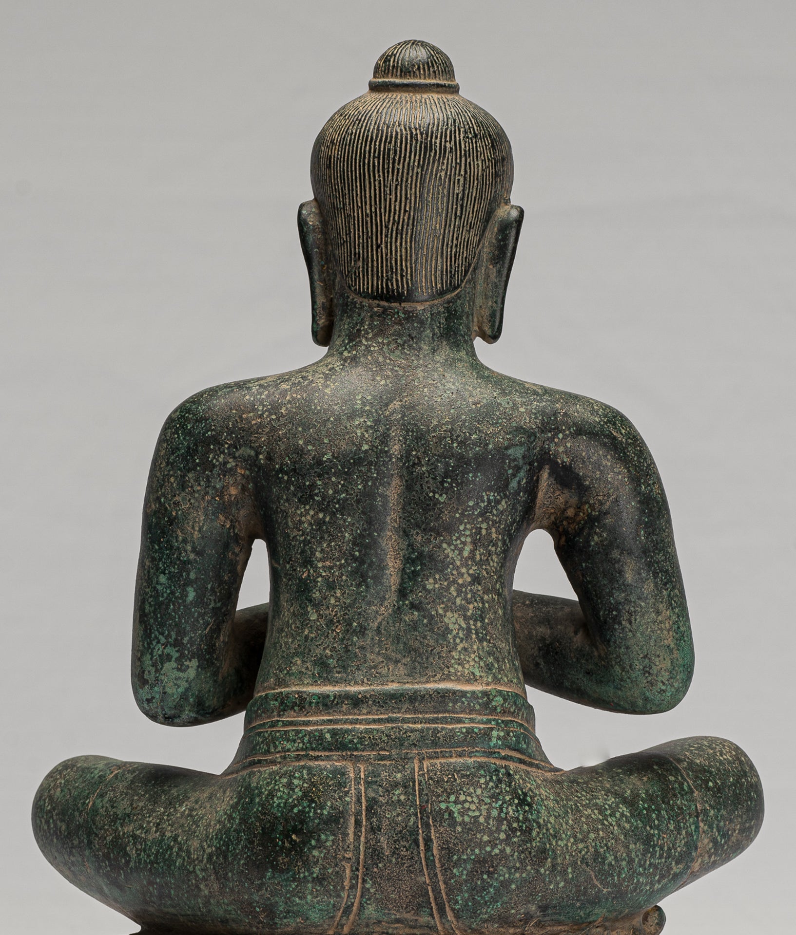Jayavarman Statue - Antique Khmer Style Seated Bronze Jayavarman VII Statue - 31cm/12"
