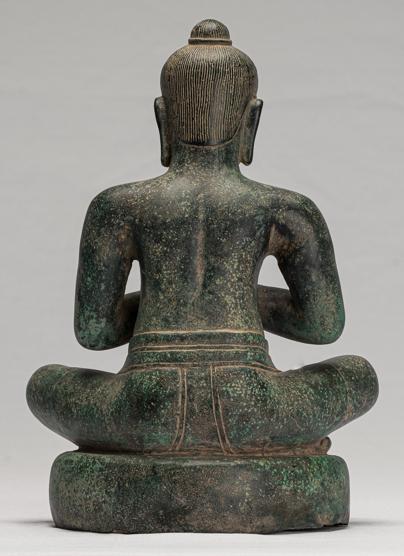 Jayavarman Statue - Antique Khmer Style Seated Bronze Jayavarman VII Statue - 31cm/12"