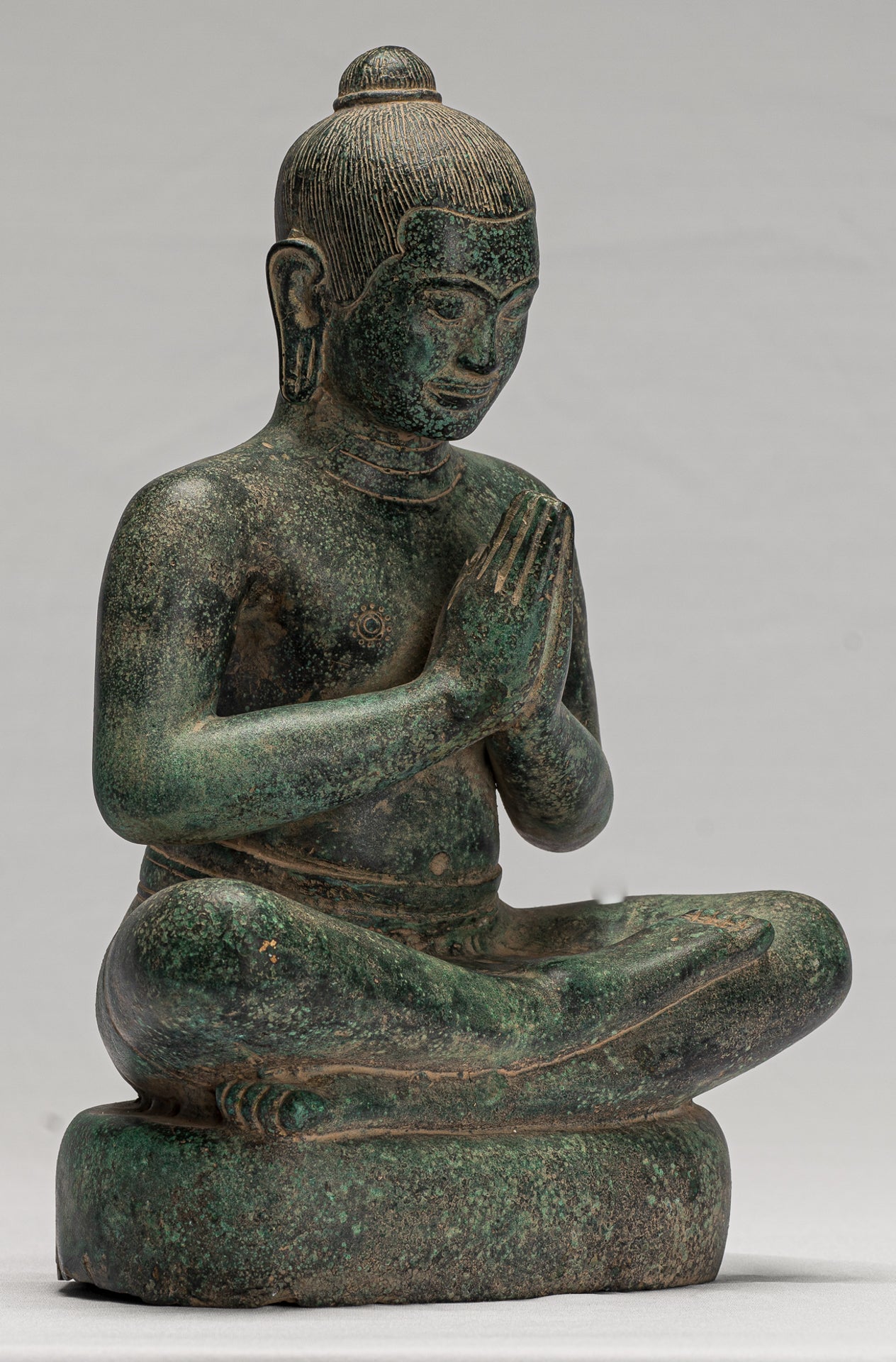 Jayavarman Statue - Antique Khmer Style Seated Bronze Jayavarman VII Statue - 31cm/12"