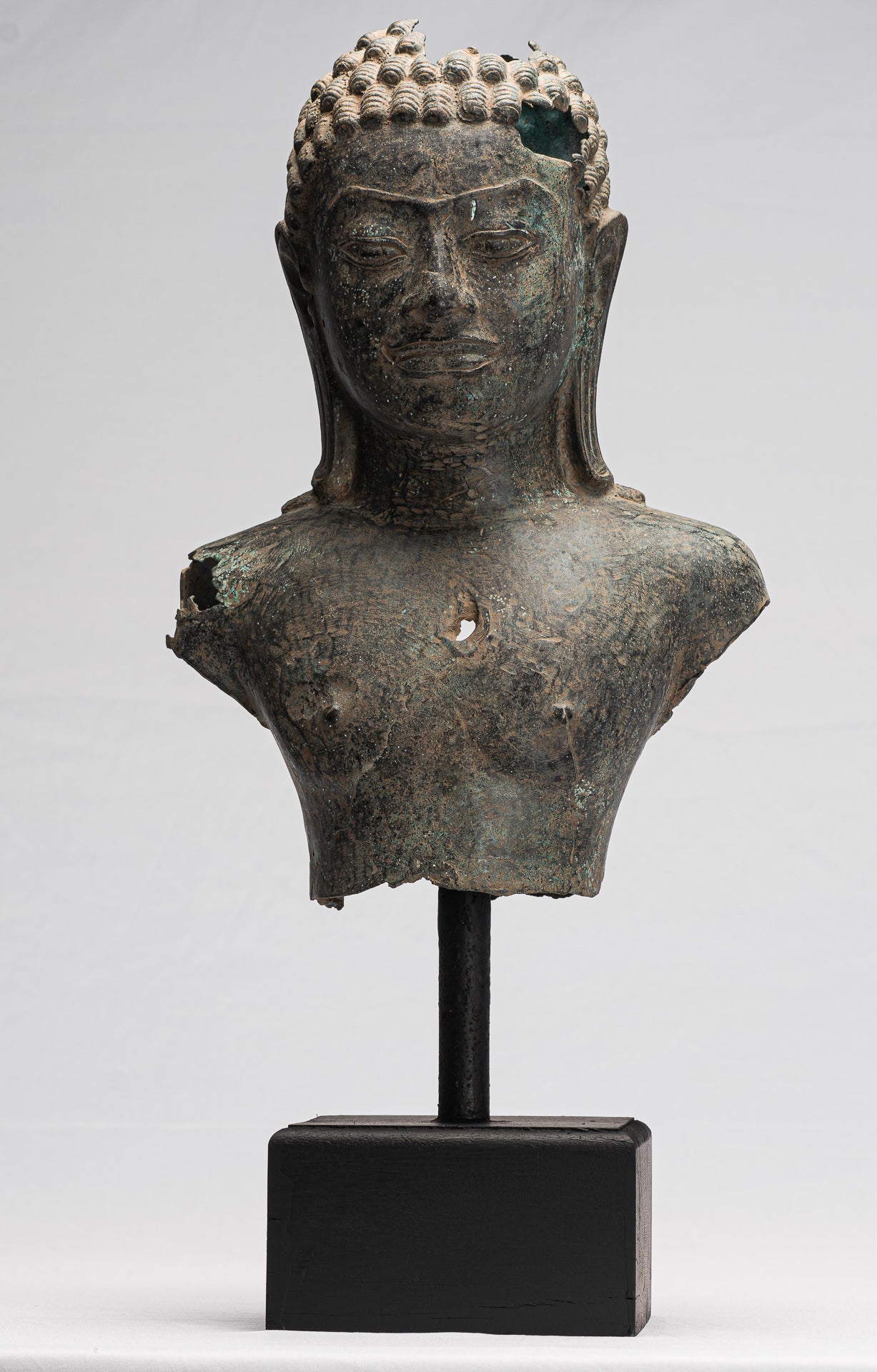 Buddha Statue - Antique Khmer Style Mounted Bronze Phnom Da Buddha Head Statue - 54cm/22")