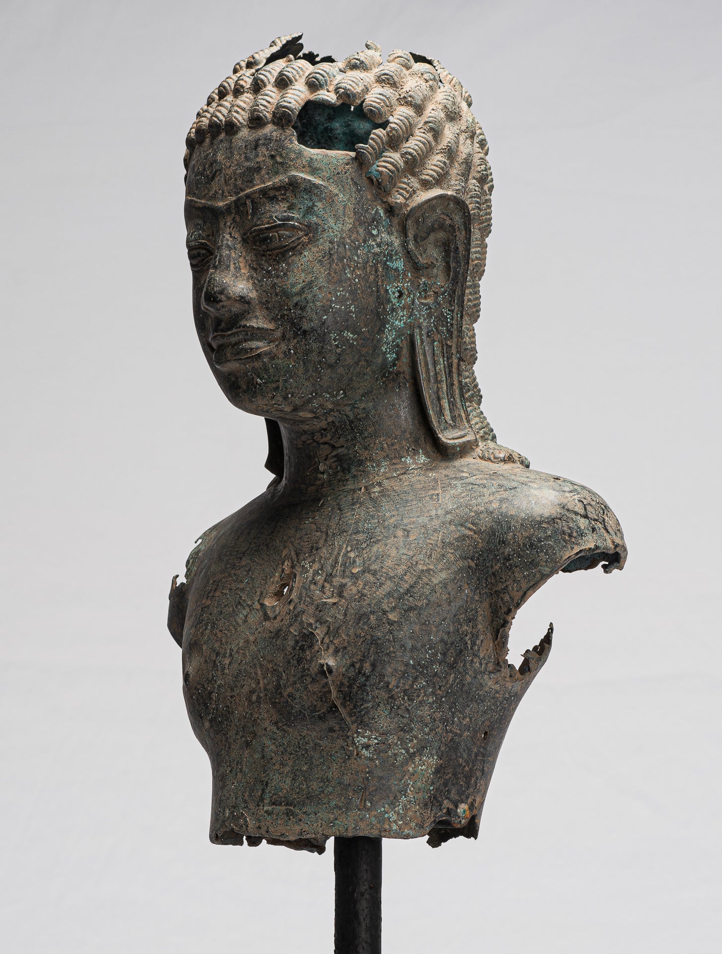 Buddha Statue - Antique Khmer Style Mounted Bronze Phnom Da Buddha Head Statue - 54cm/22")