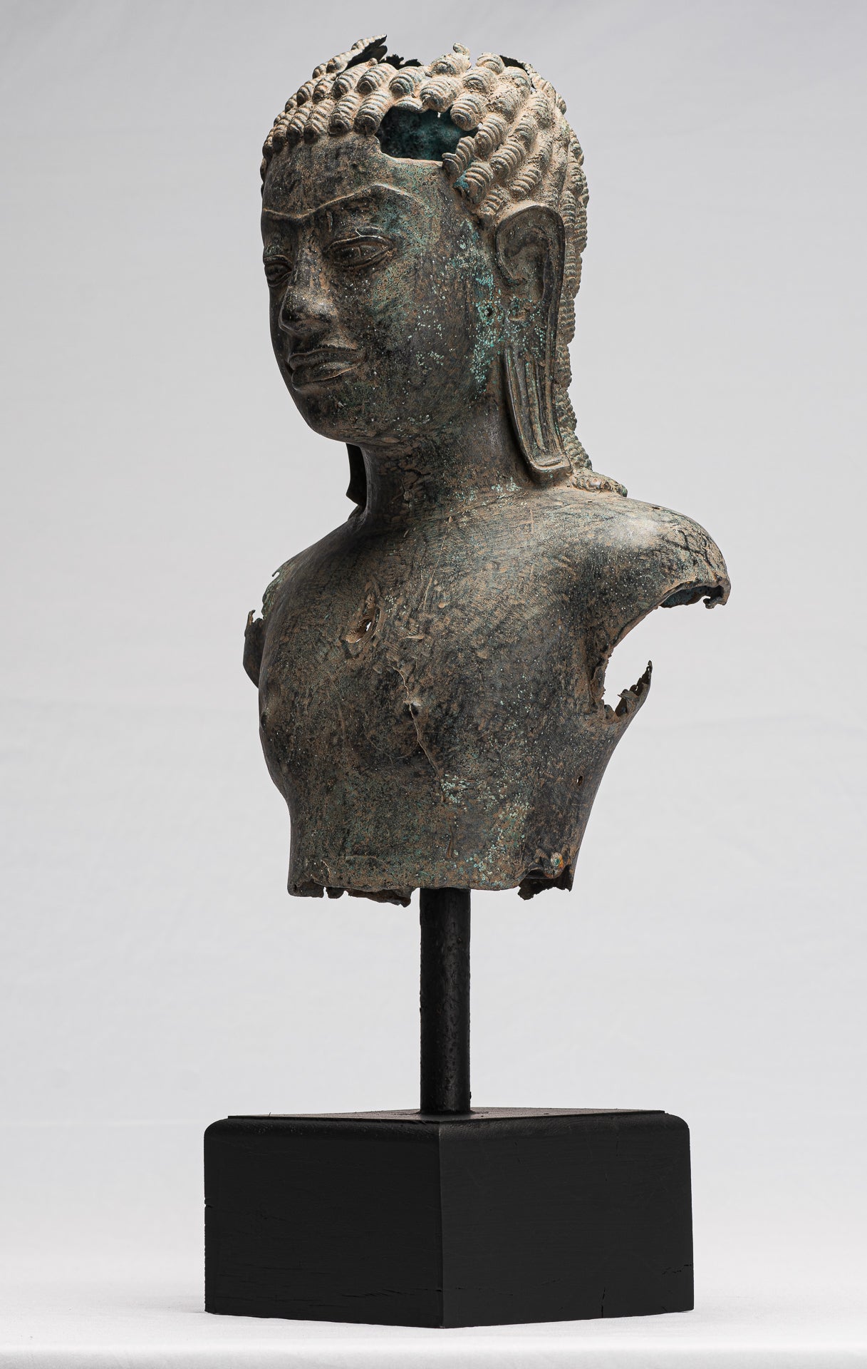 Buddha Statue - Antique Khmer Style Mounted Bronze Phnom Da Buddha Head Statue - 54cm/22")