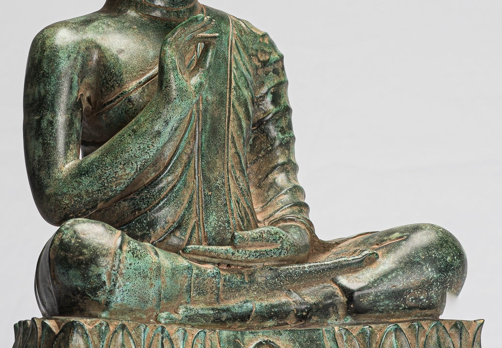 Buddha Statue - Antique Khmer Style Bronze Buddha Statue Dharmachakra Teaching Mudra - 51cm/20"