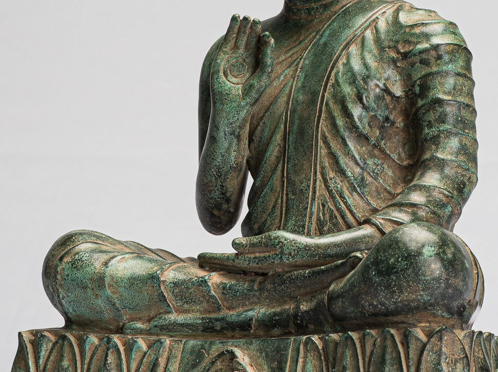 Buddha Statue - Antique Khmer Style Bronze Buddha Statue Dharmachakra Teaching Mudra - 51cm/20"