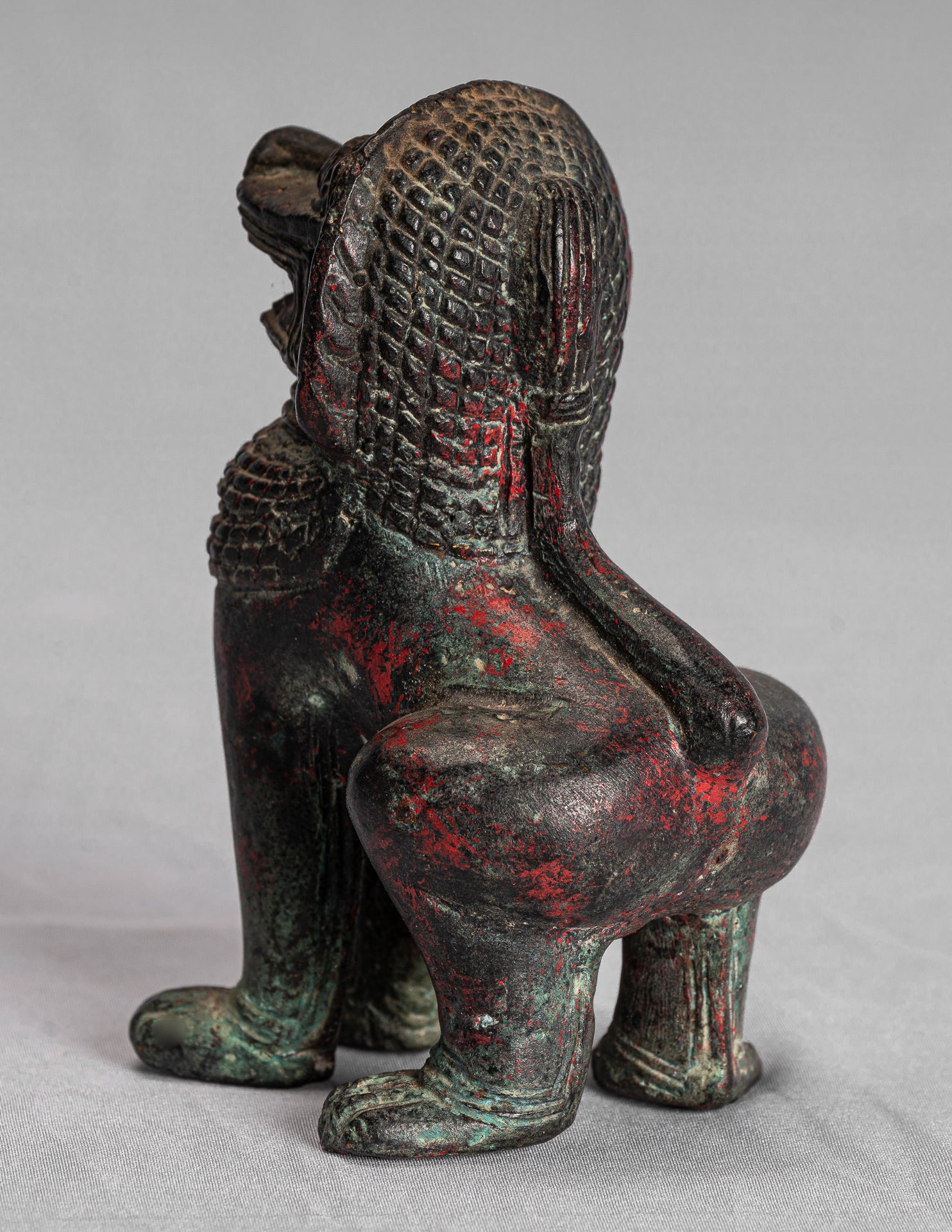 Temple Lion - Antique Khmer Style Bronze Standing Temple Guardian or Lion - 12cm/5"