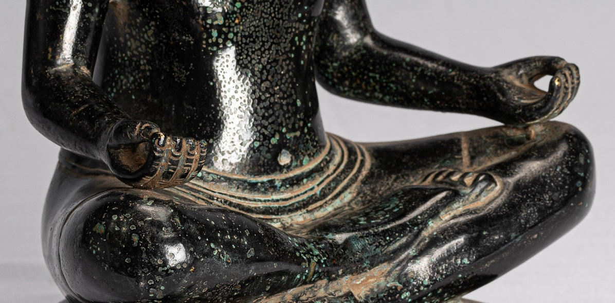 Antique Khmer Style Seated Bronze Meditation Jayavarman VII Statue - 26cm/10"