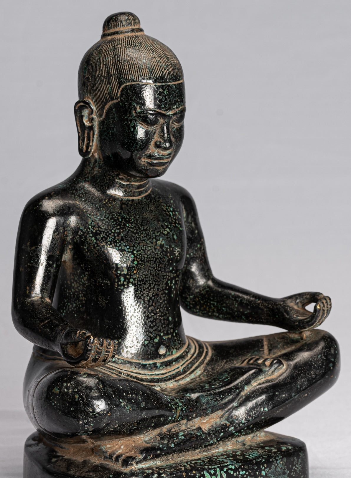 Antique Khmer Style Seated Bronze Meditation Jayavarman VII Statue - 26cm/10"