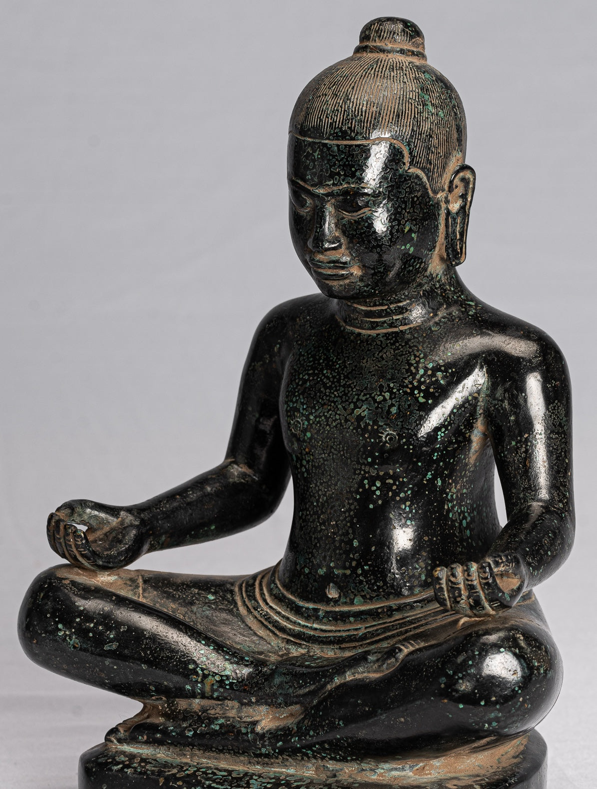 Antique Khmer Style Seated Bronze Meditation Jayavarman VII Statue - 26cm/10"