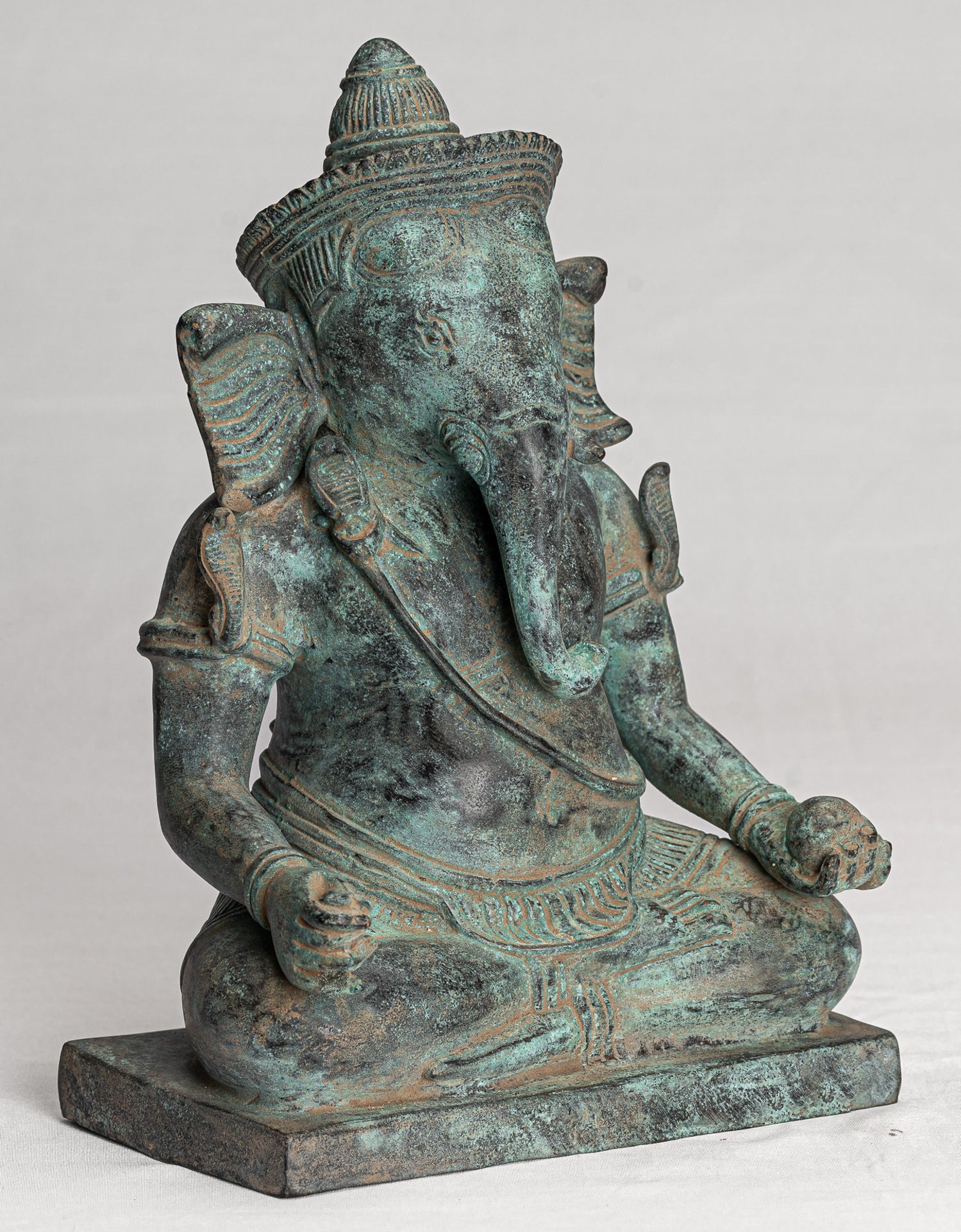 Ganesha Statue - Antique Khmer Style Seated Bronze Bayon Ganesh Statue - 24cm/10"