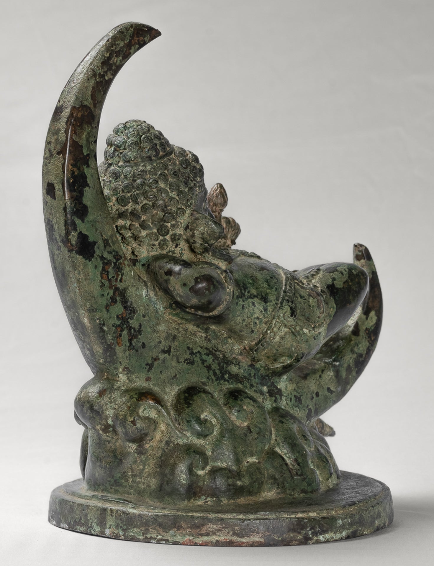 Ganesha Statue - Antique Thai Style Bronze Reclining Ganesha Statue on Moon - 31cm/12"