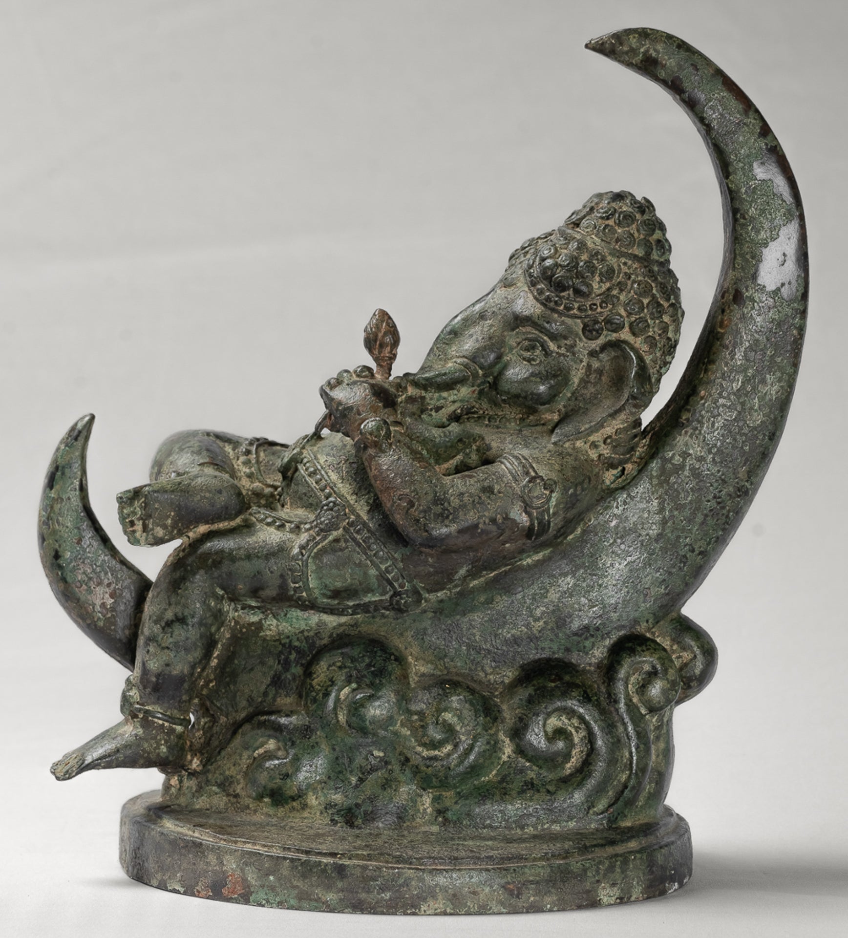 Ganesha Statue - Antique Thai Style Bronze Reclining Ganesha Statue on Moon - 31cm/12"