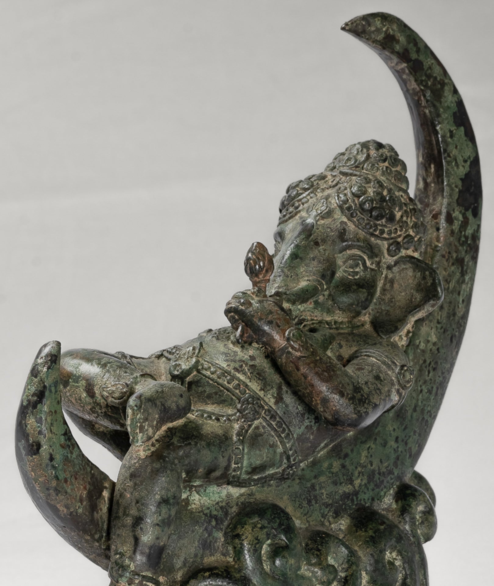 Ganesha Statue - Antique Thai Style Bronze Reclining Ganesha Statue on Moon - 31cm/12"