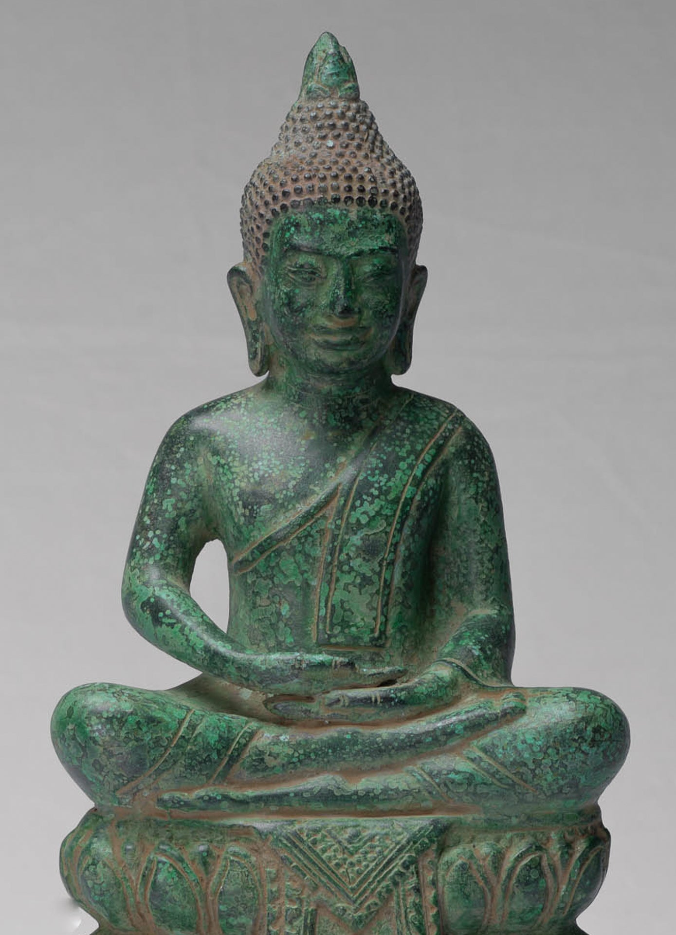Buddha - Antique Khmer Style Bronze Enthroned Meditation Buddha Statue - 31cm/12"
