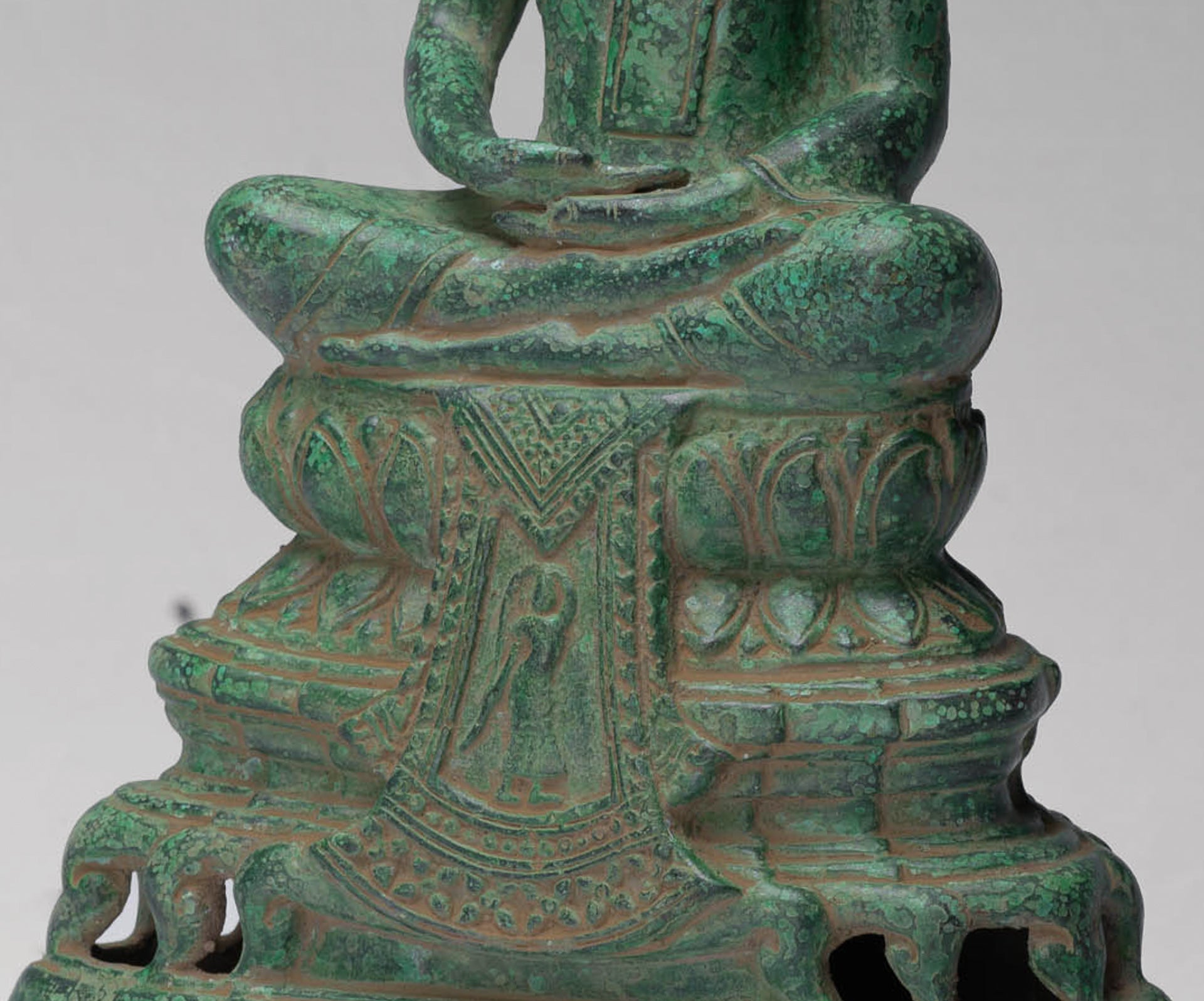 Buddha - Antique Khmer Style Bronze Enthroned Meditation Buddha Statue - 31cm/12"