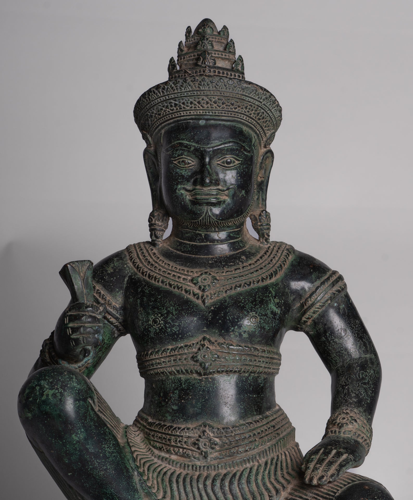 Vishvakarman Statue - Antique Khmer Style Bayon Seated Bronze Vishvakarman Statue - 41cm/16"