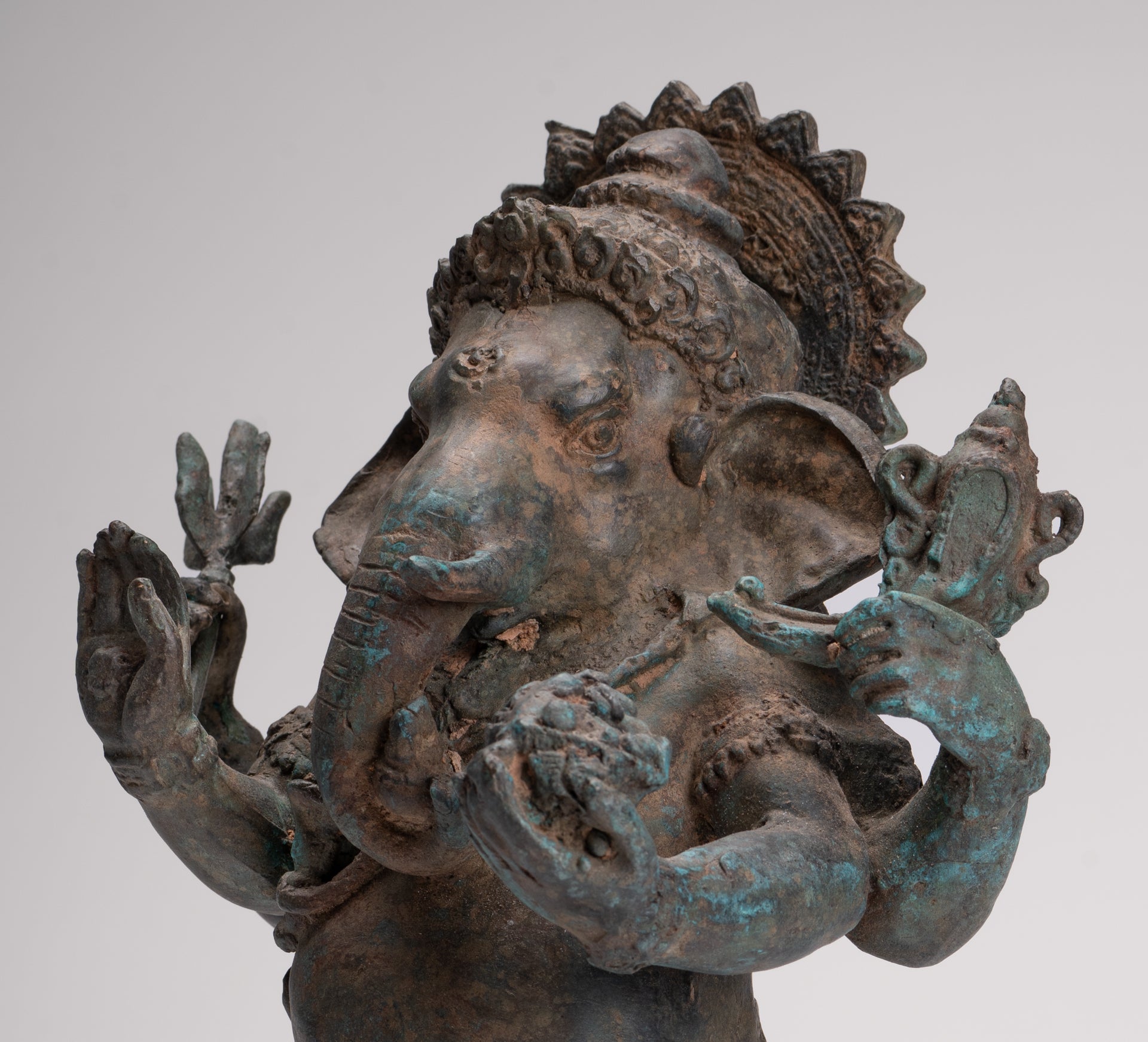 Ganesha Statue - Antique Thai Style Bronze Standing 4-Arm Ganesha Statue - 35cm/14"