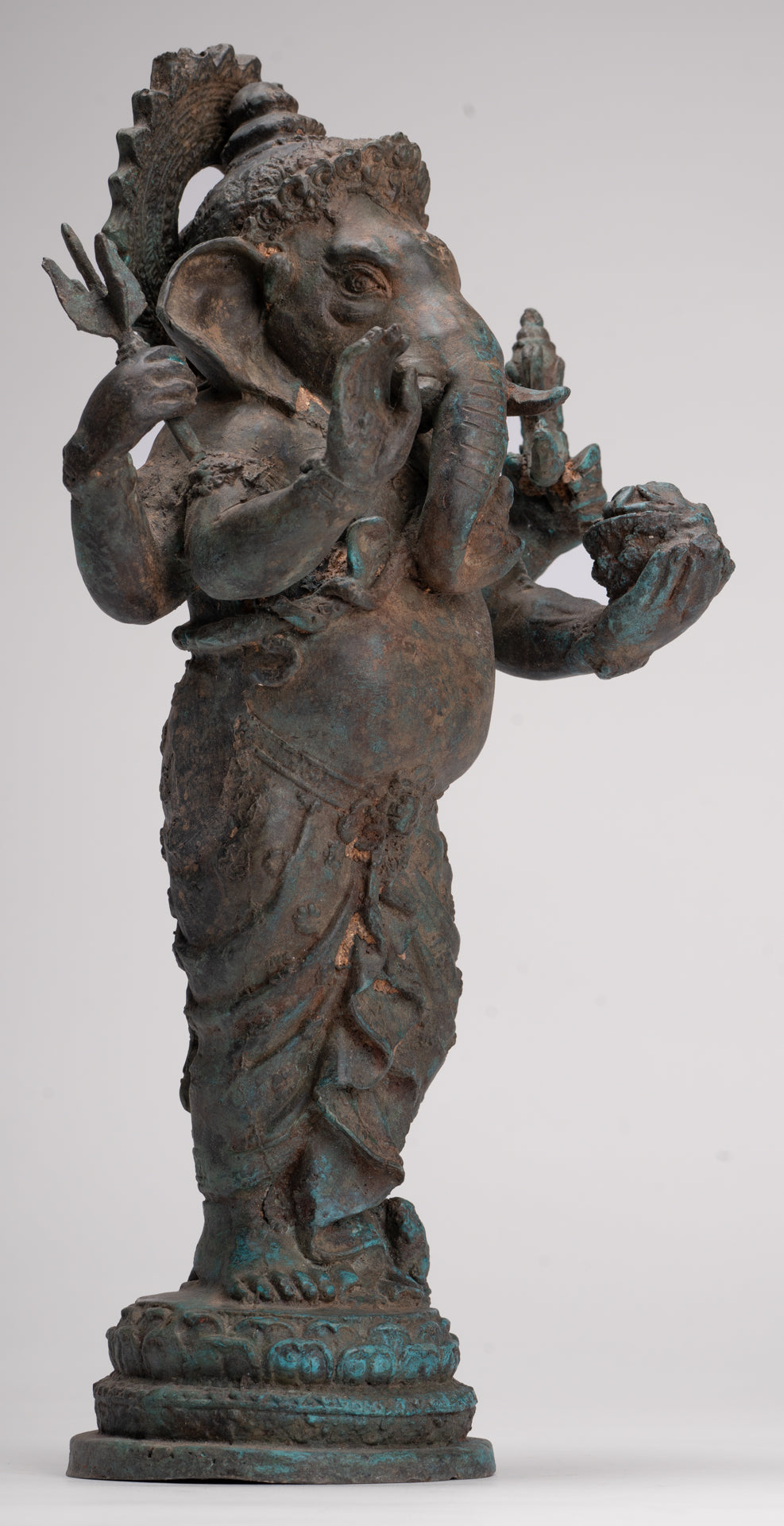 Ganesha Statue - Antique Thai Style Bronze Standing 4-Arm Ganesha Statue - 35cm/14"