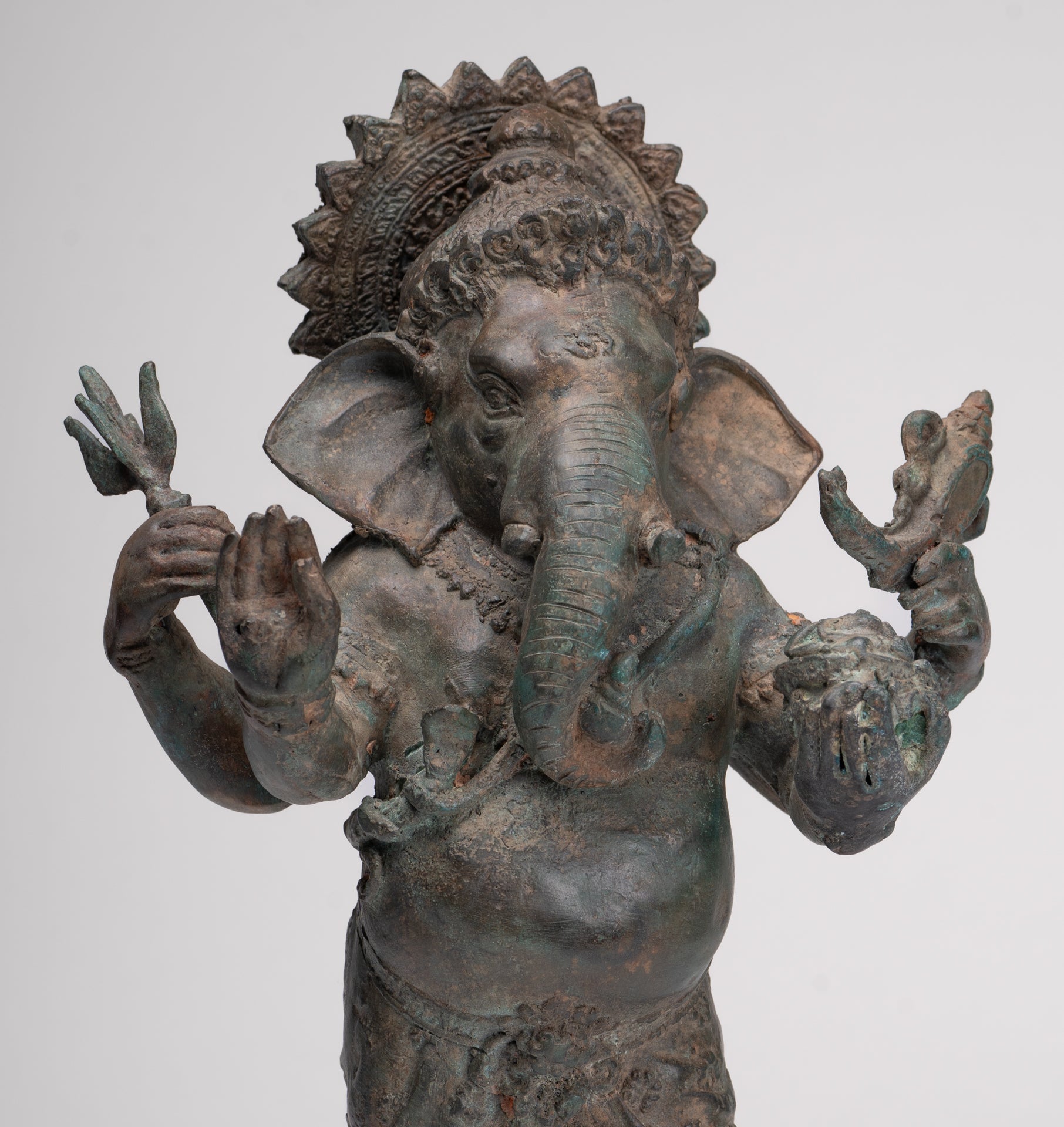 Ganesha Statue - Antique Thai Style Bronze Standing 4-Arm Ganesha Statue - 35cm/14"