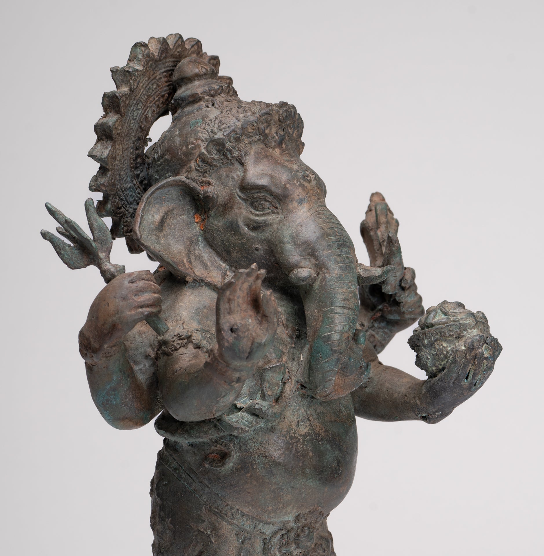 Ganesha Statue - Antique Thai Style Bronze Standing 4-Arm Ganesha Statue - 35cm/14"